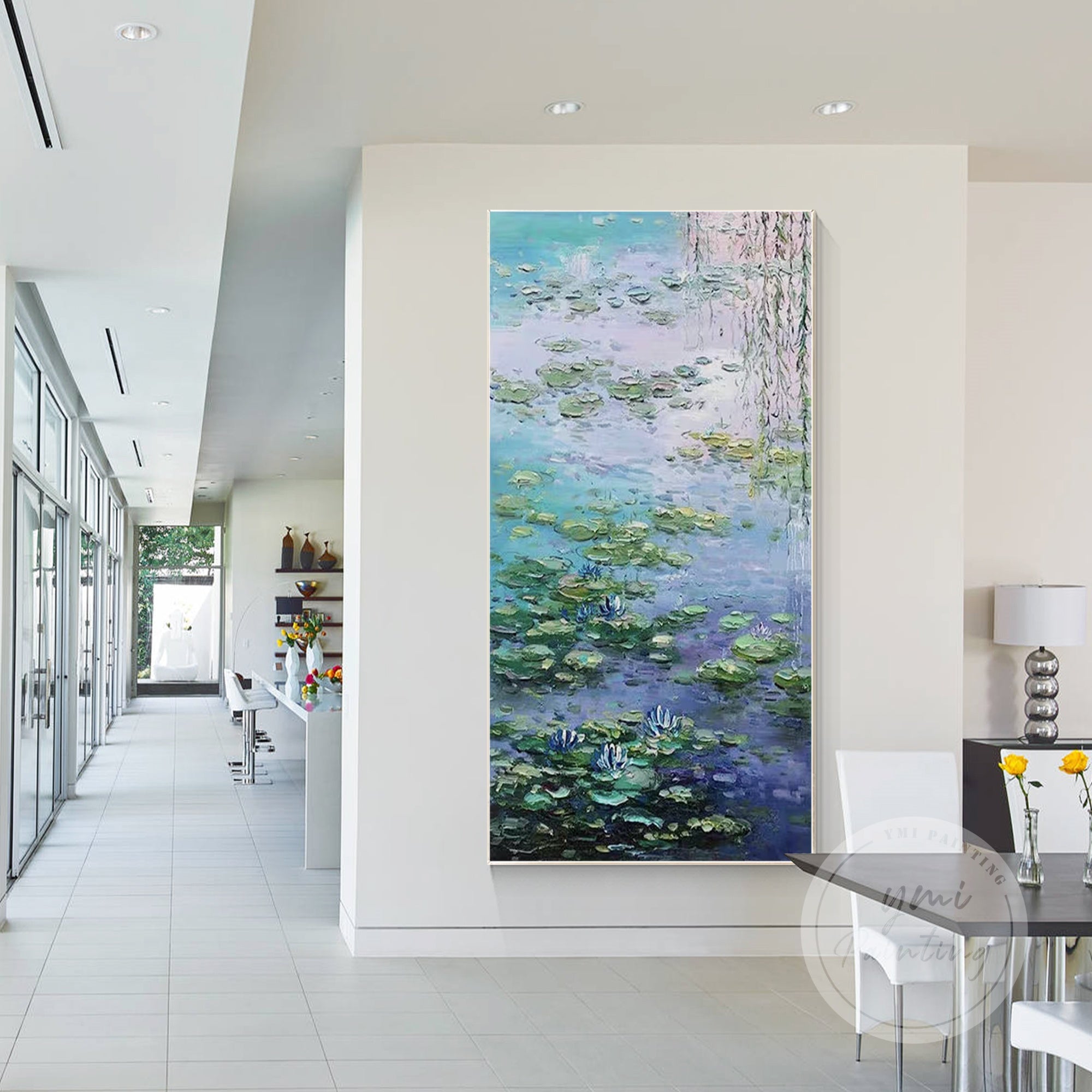 Impressionist Monet water lilies painting for long wall home decor.