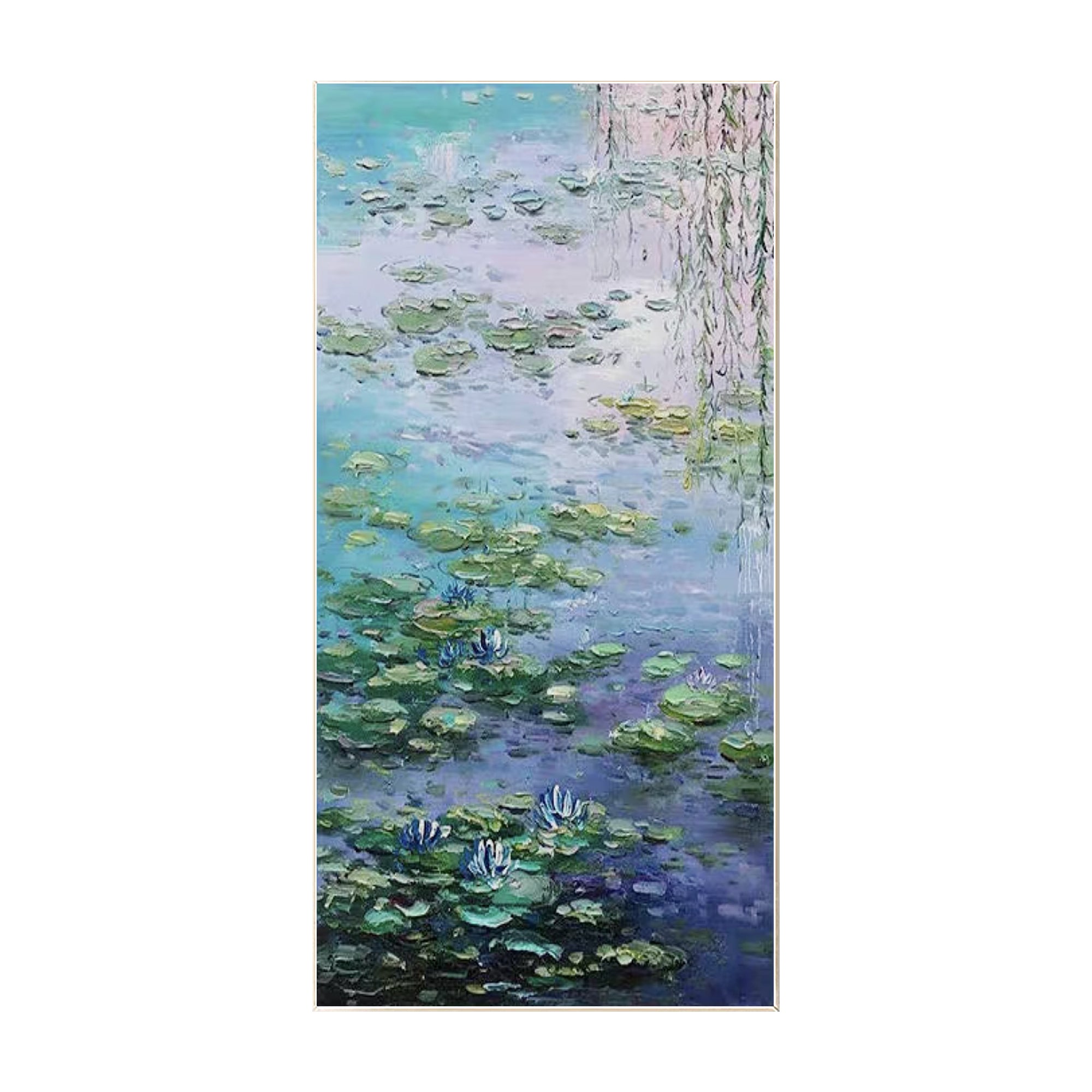 Monet landscape canvas with gentle ripples, lilies, and a serene atmosphere.