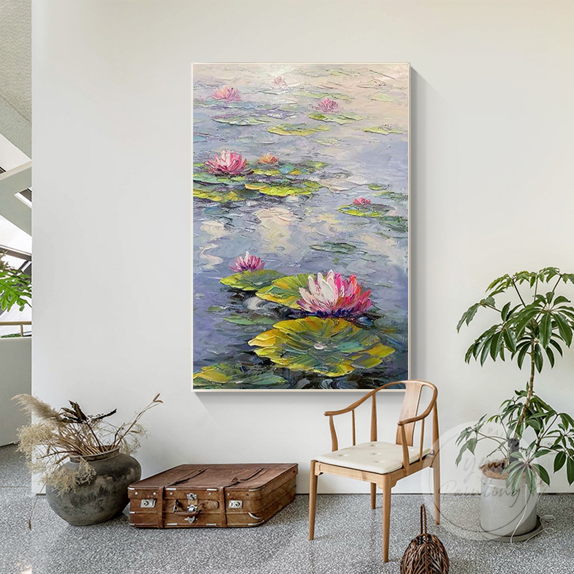 Claude Monet-inspired pink lotus and water lily painting on canvas.