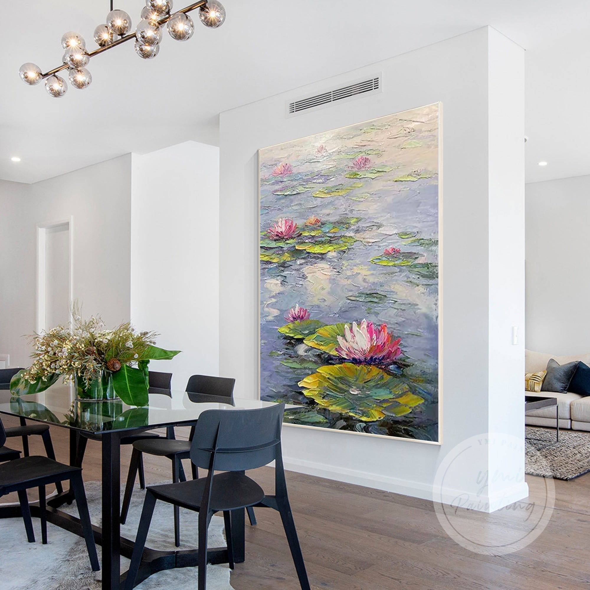 Impressionist Monet wall art with pastel pink flowers and serene water.