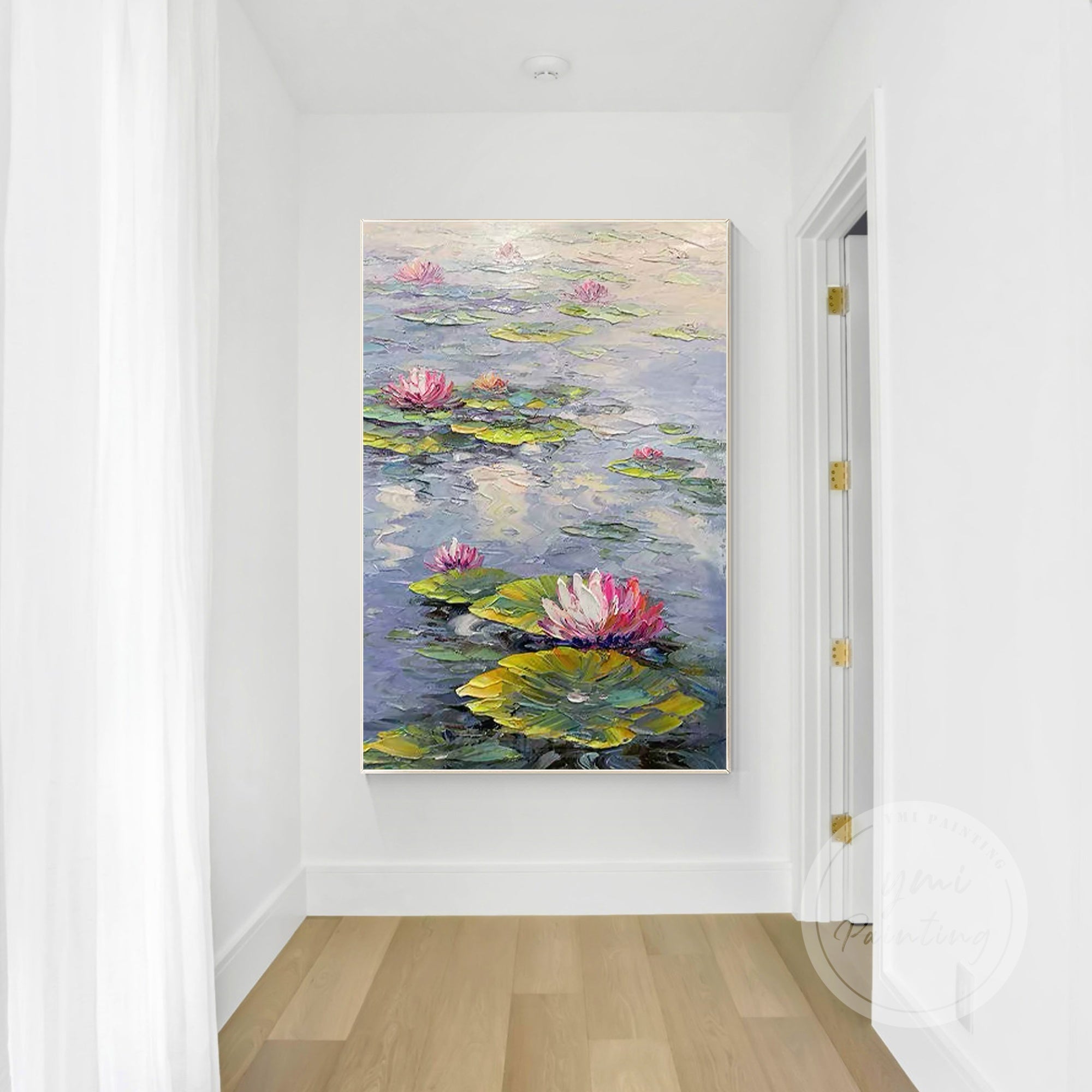 Pink lotus painting with green lily pads in a Monet-style oil canvas.