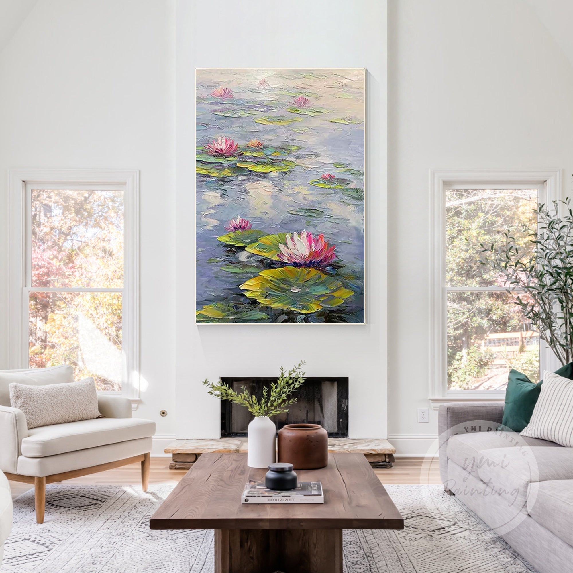 Elegant water lily painting for living room decor in soft tones.