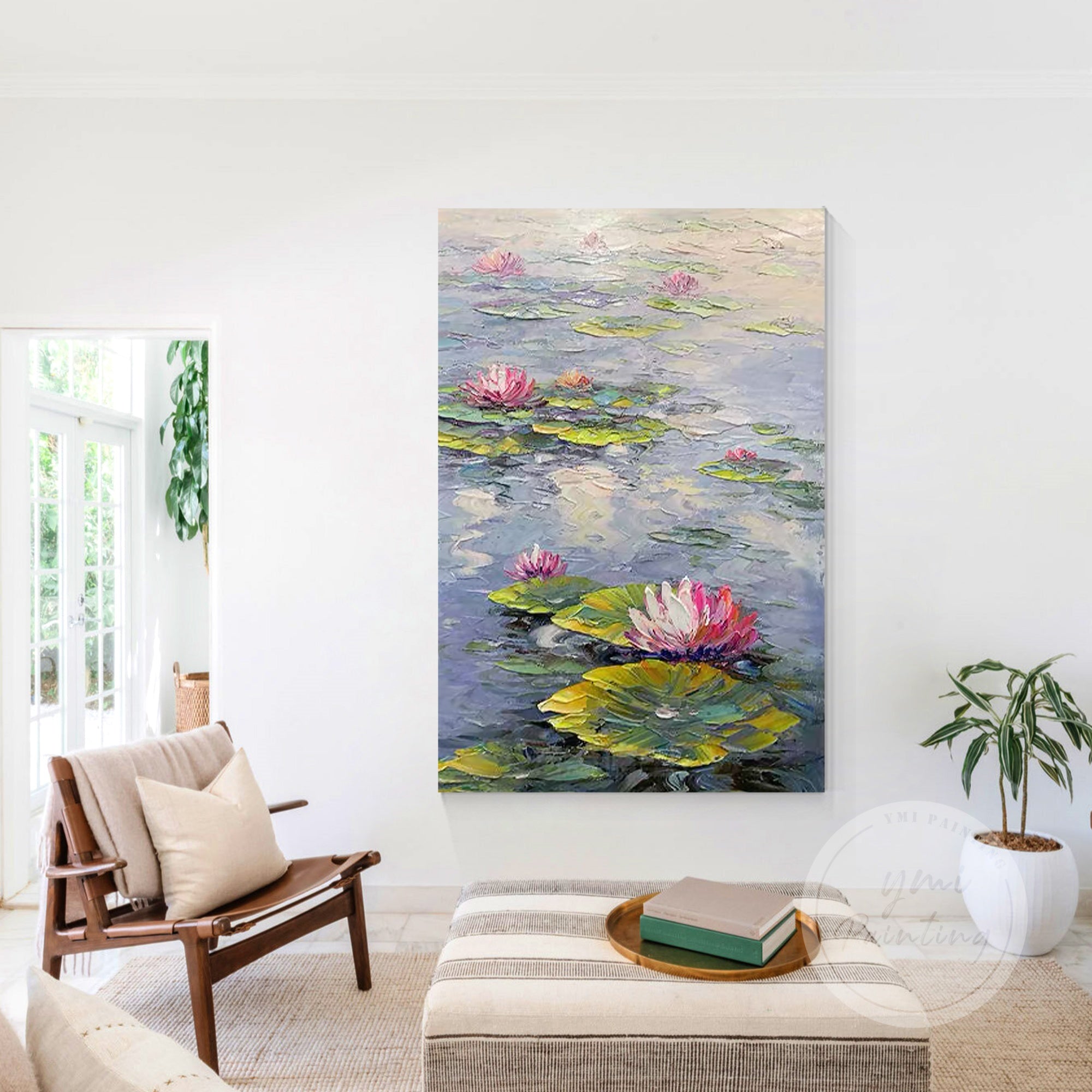 Monet canvas art featuring blooming lotus in a calm reflective pond.