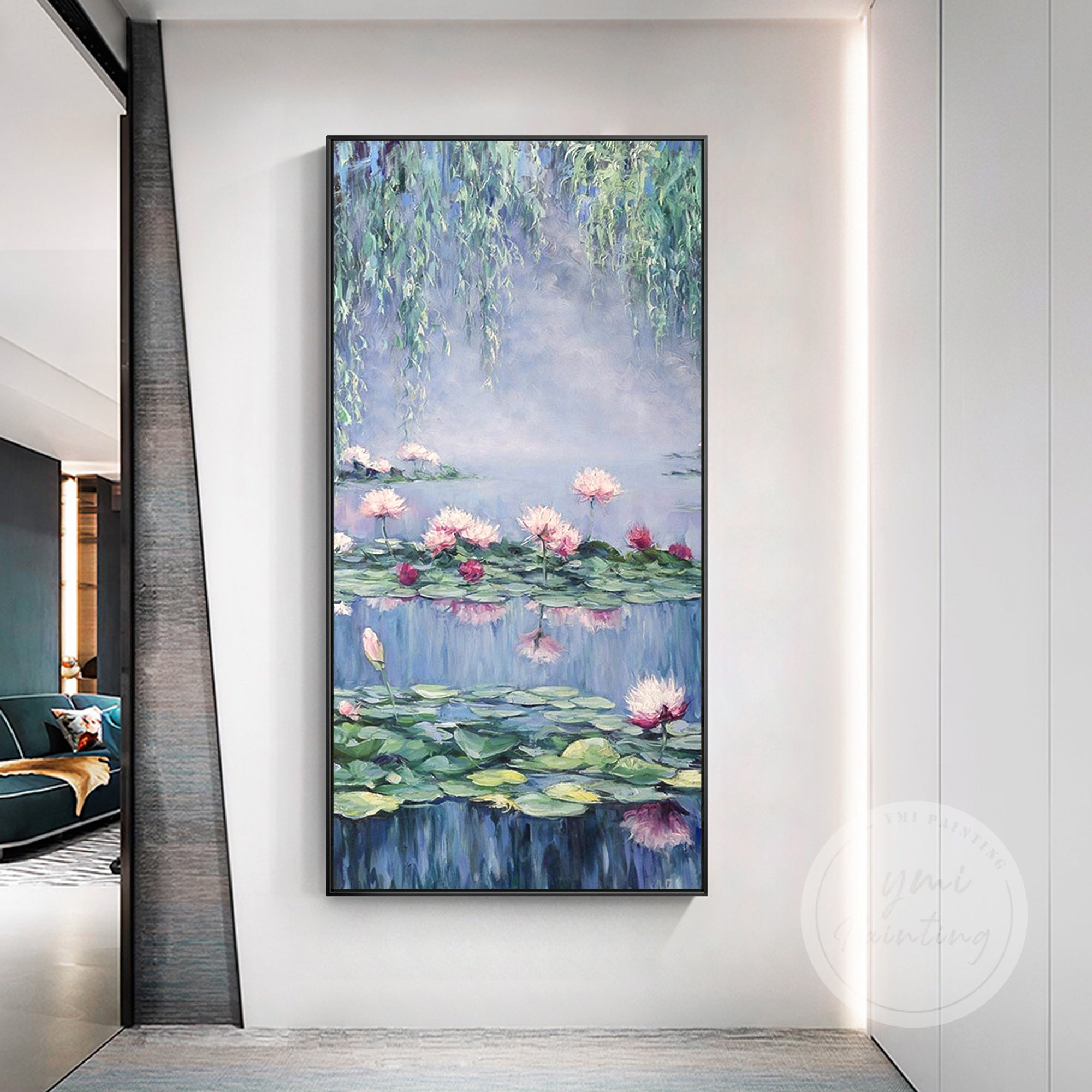 Long Framed Canvas Art inspired by Monet's Lotus Pond, with soft blues and gentle brushstrokes for a peaceful ambiance.