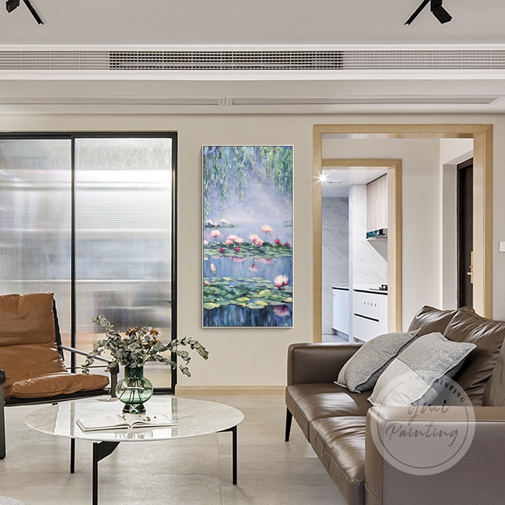 Abstract Water Lily Oil Painting capturing the serene beauty of Monet's garden, perfect for modern home decor.
