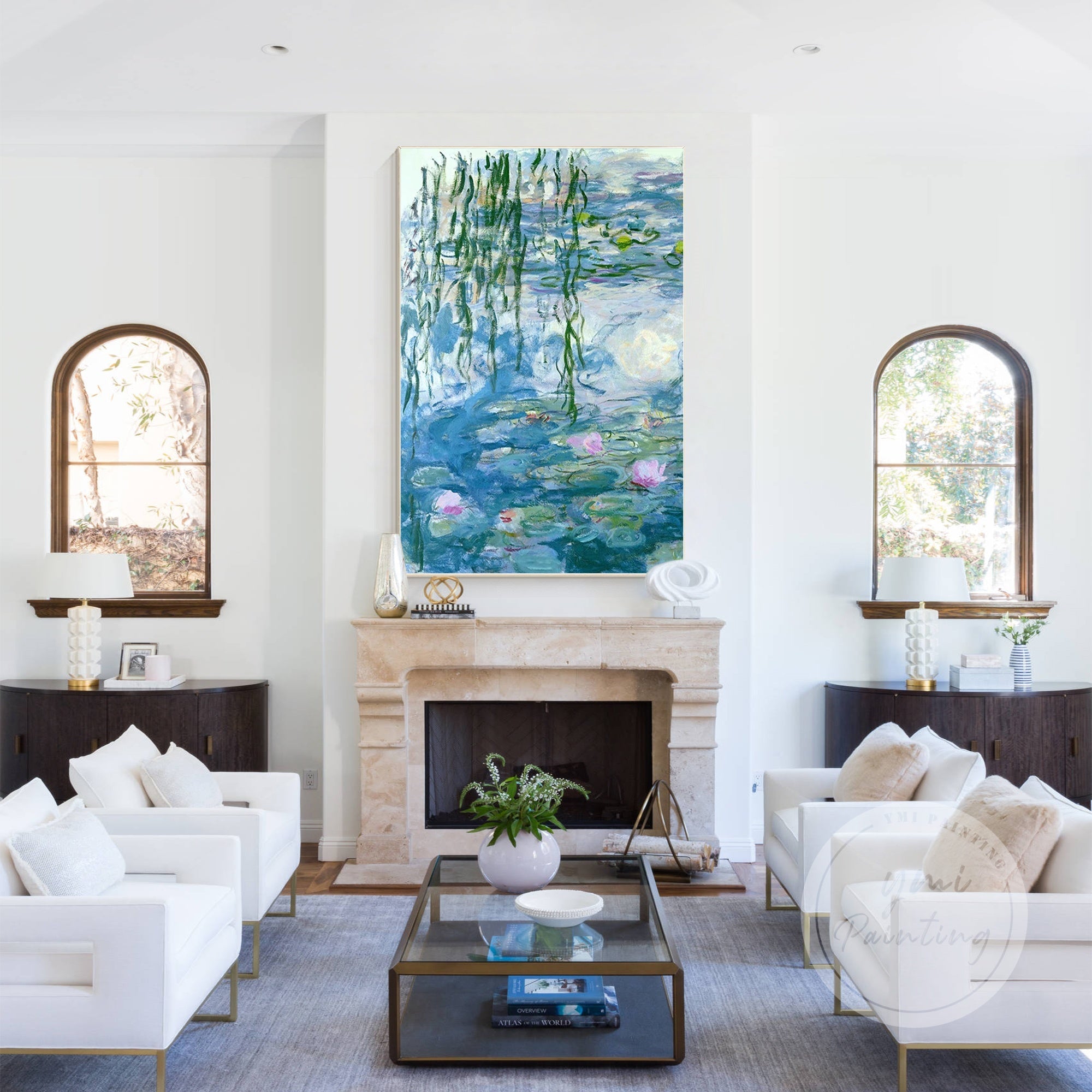 Large Monet-inspired water lily painting in blue and green tones.