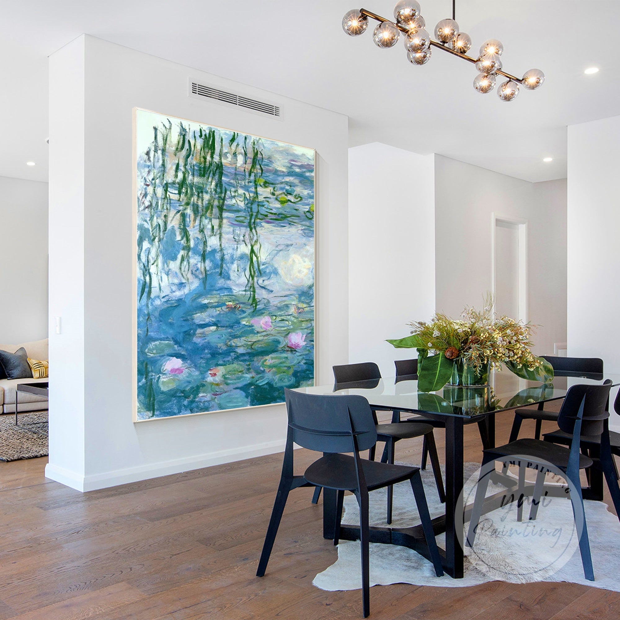 Oversized lotus pond canvas wall art with floating flowers.