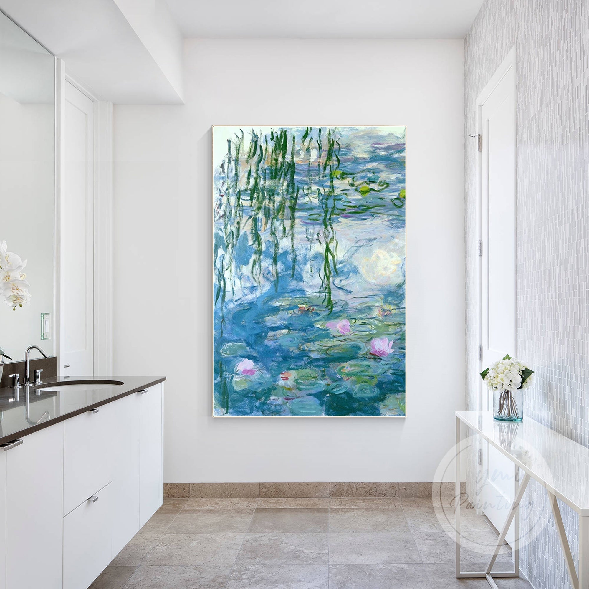 Blue-green lotus pond artwork for modern interiors.