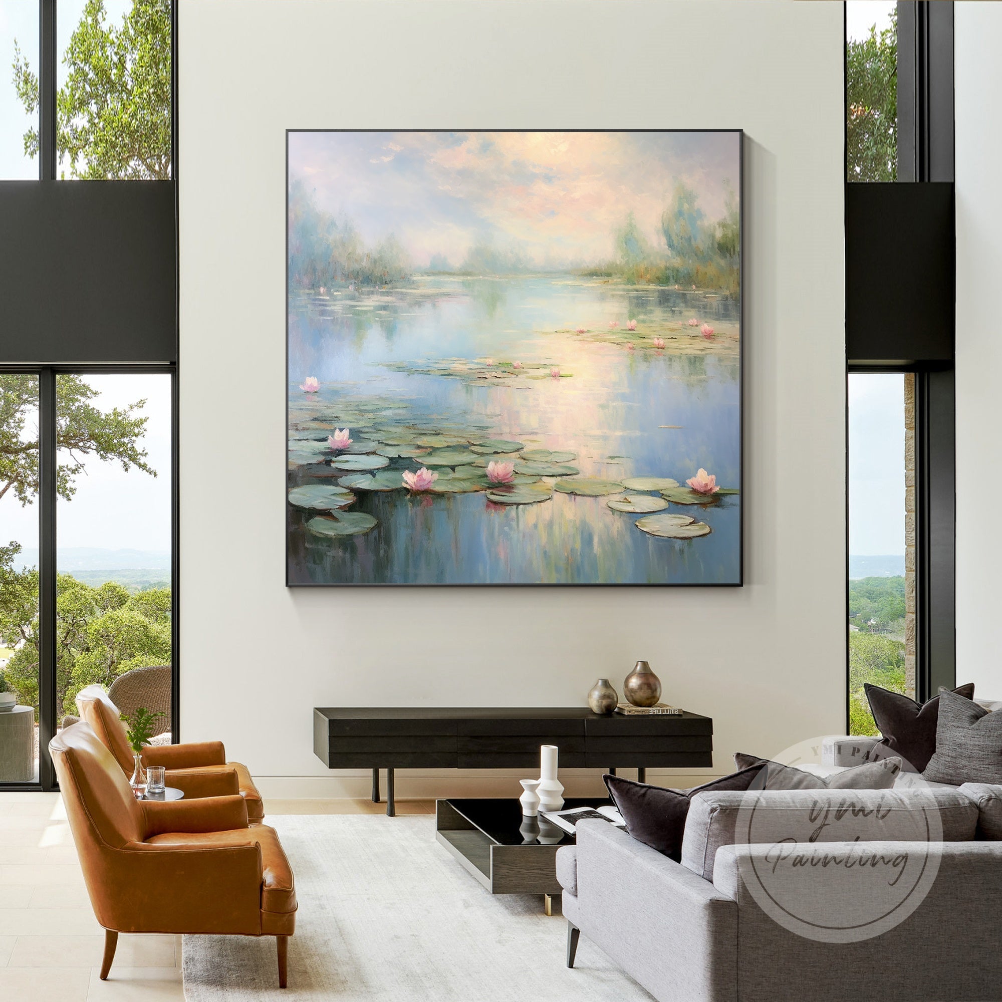Large Monet-inspired canvas painting with lotus pond.