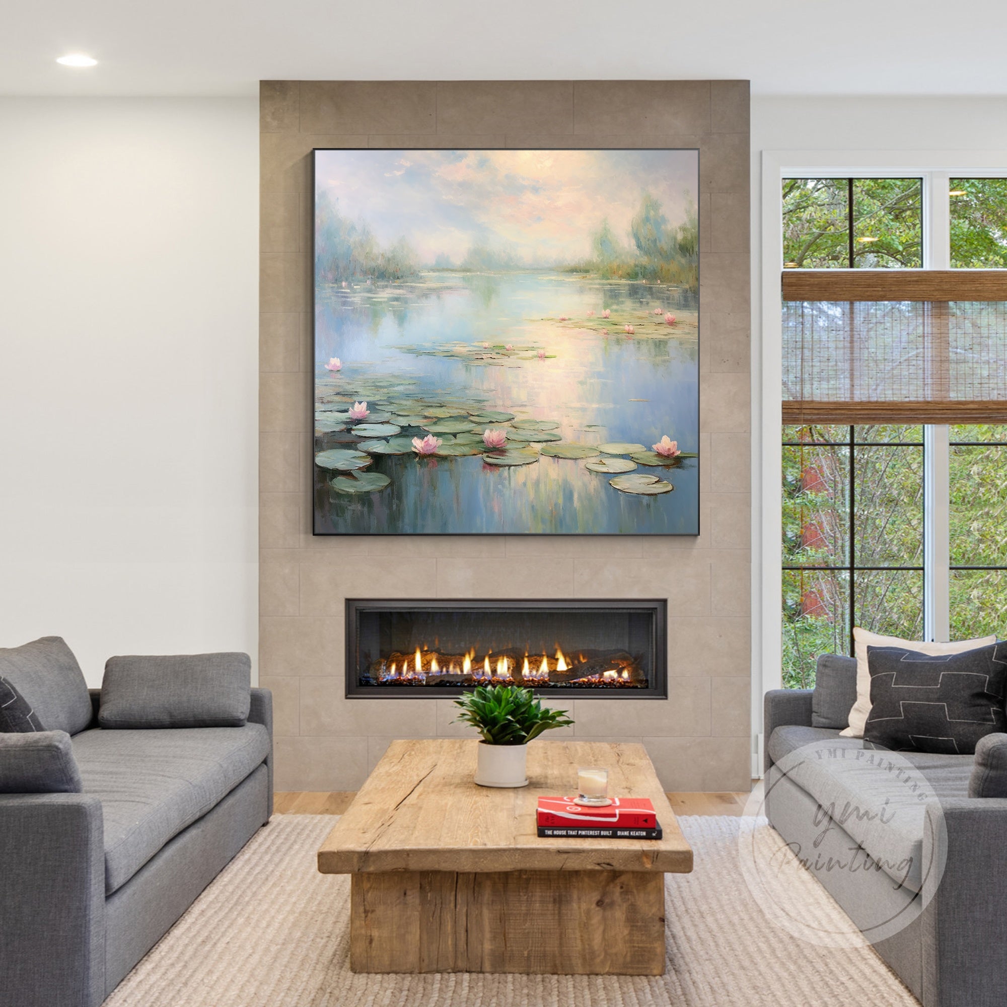 Impressionist wall art with pink and green water lilies.