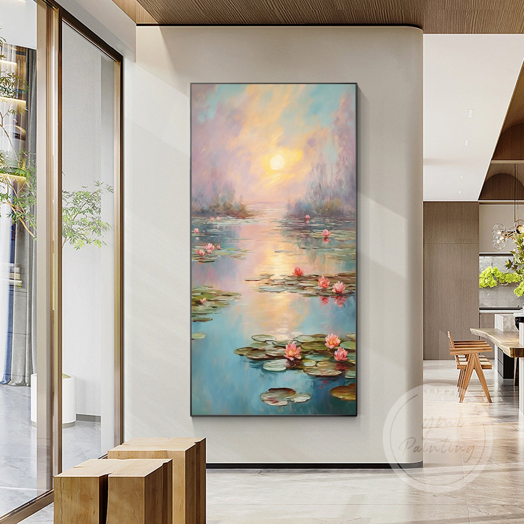 Large pink lotus painting on blue-purple pond background.