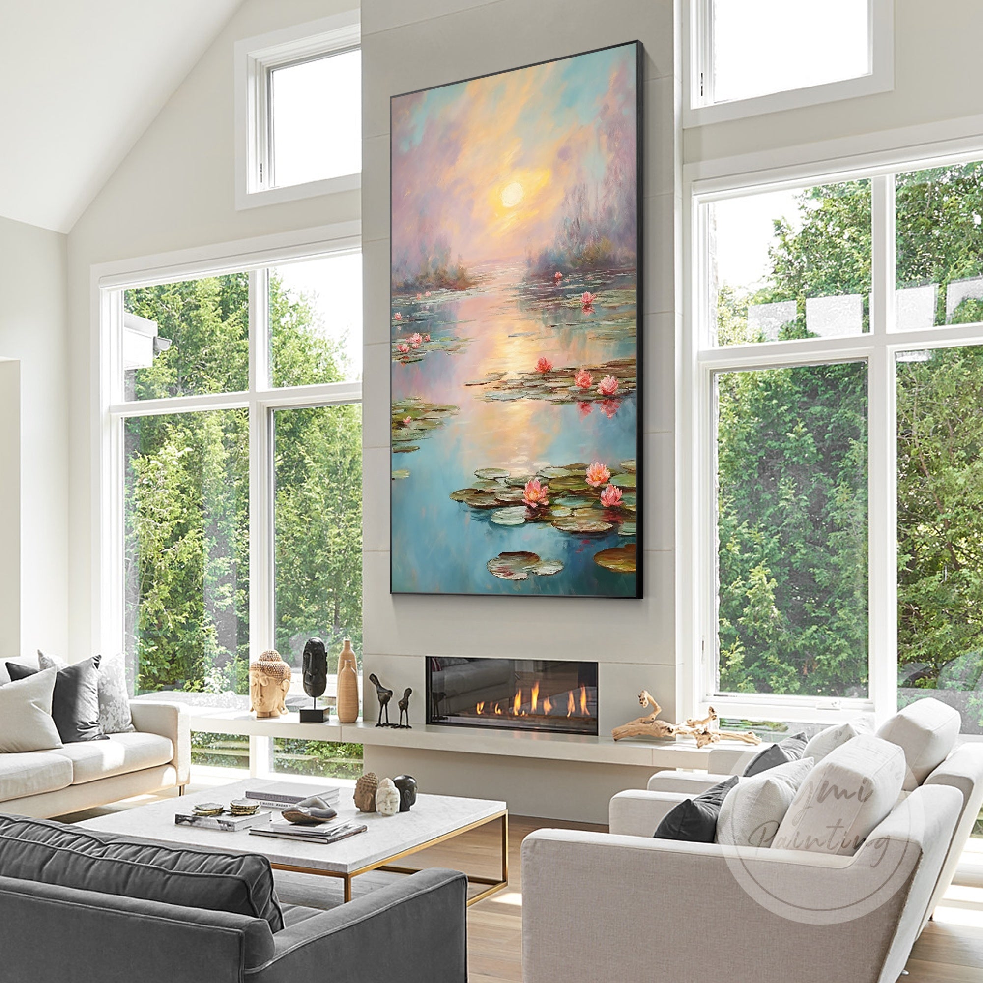 Blue and purple water garden oil painting.