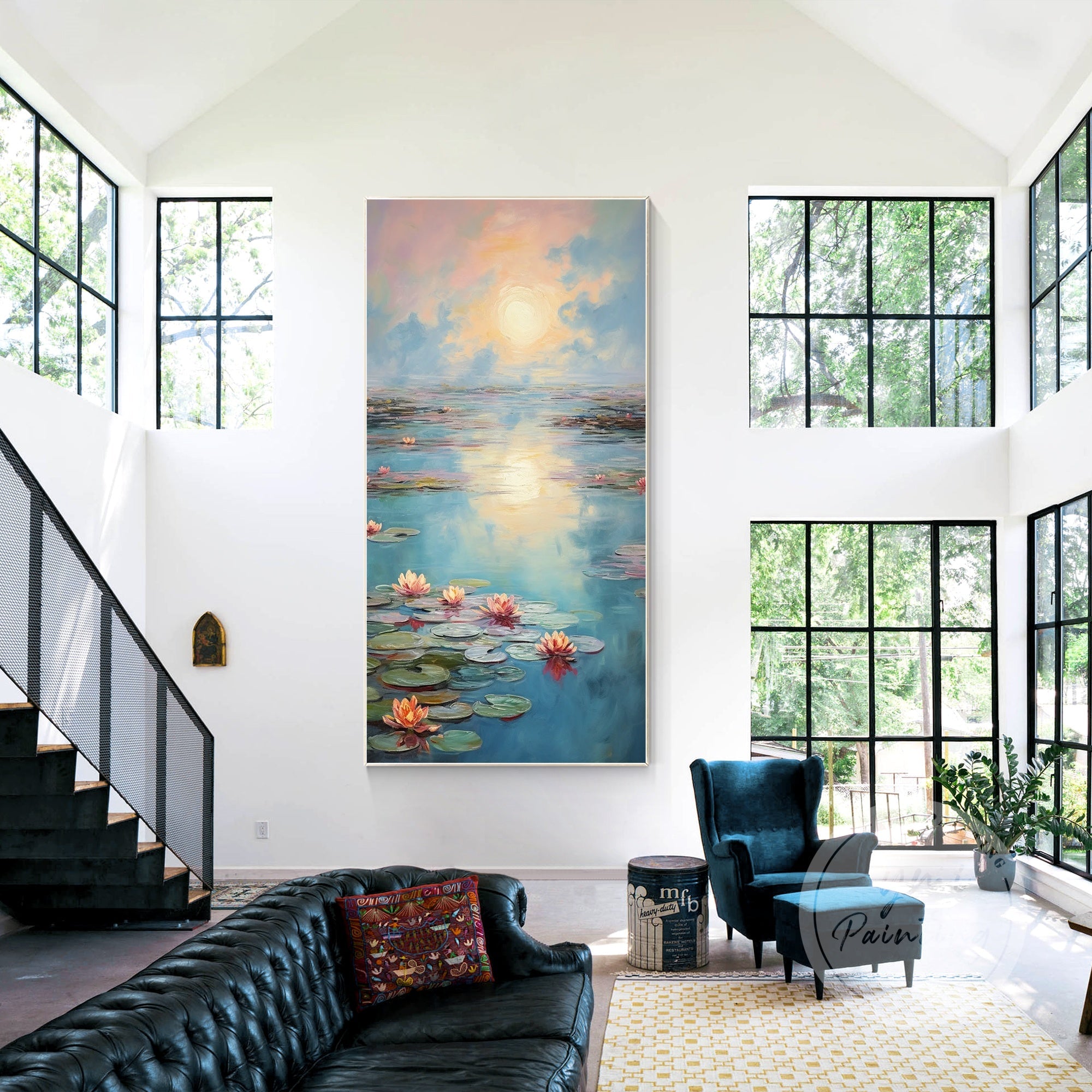 Large lotus painting in Monet-inspired impressionist style.