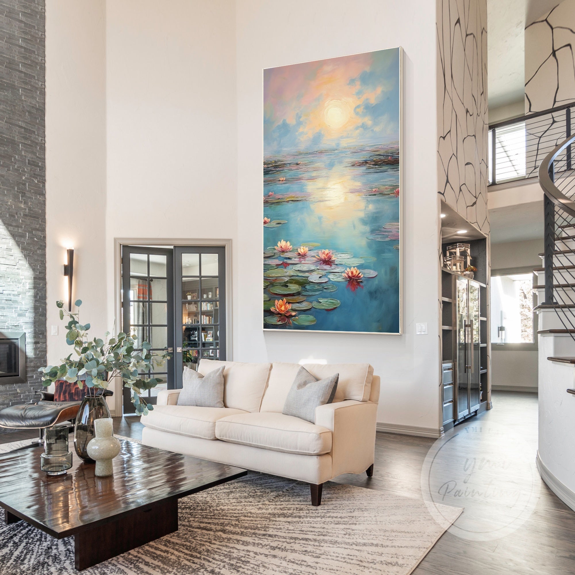 Textured oil painting of a tranquil pond with flowers.