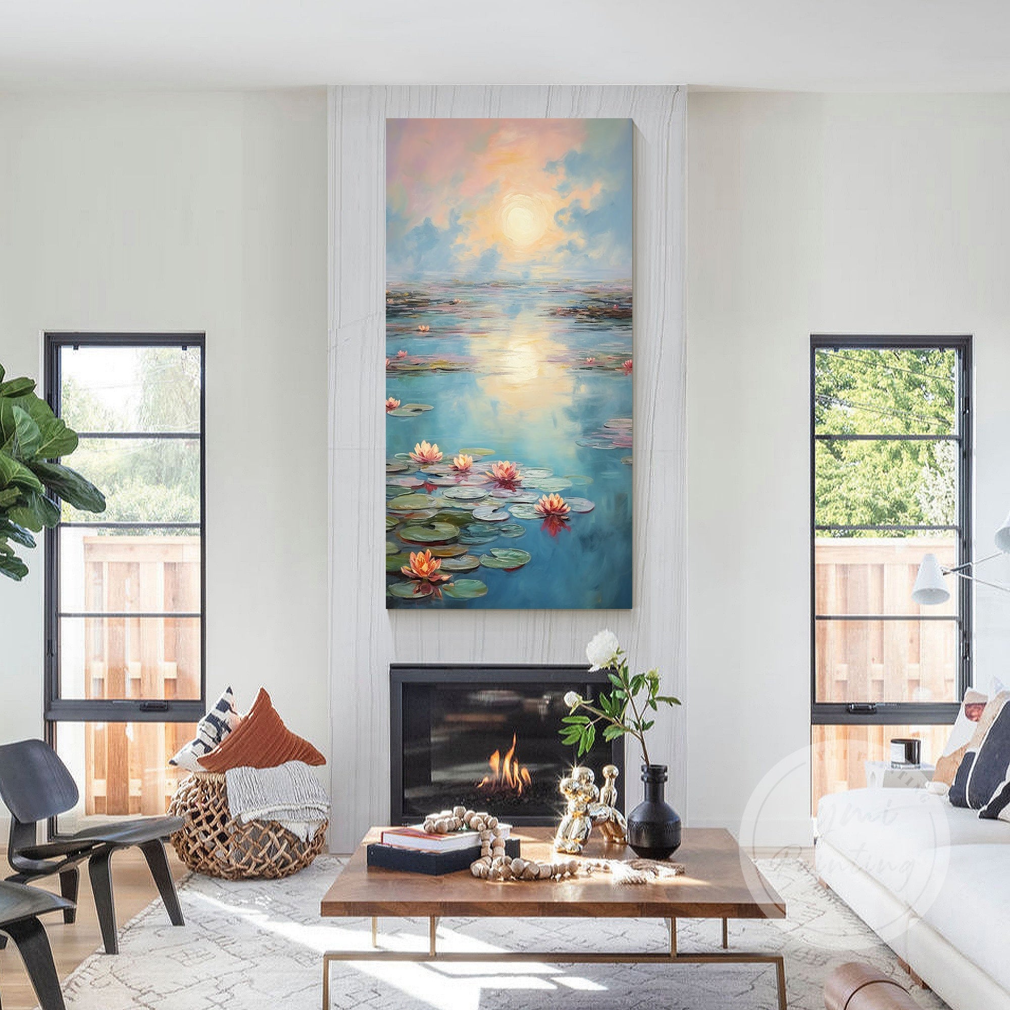 Framed wall art featuring blooming lotus flowers.