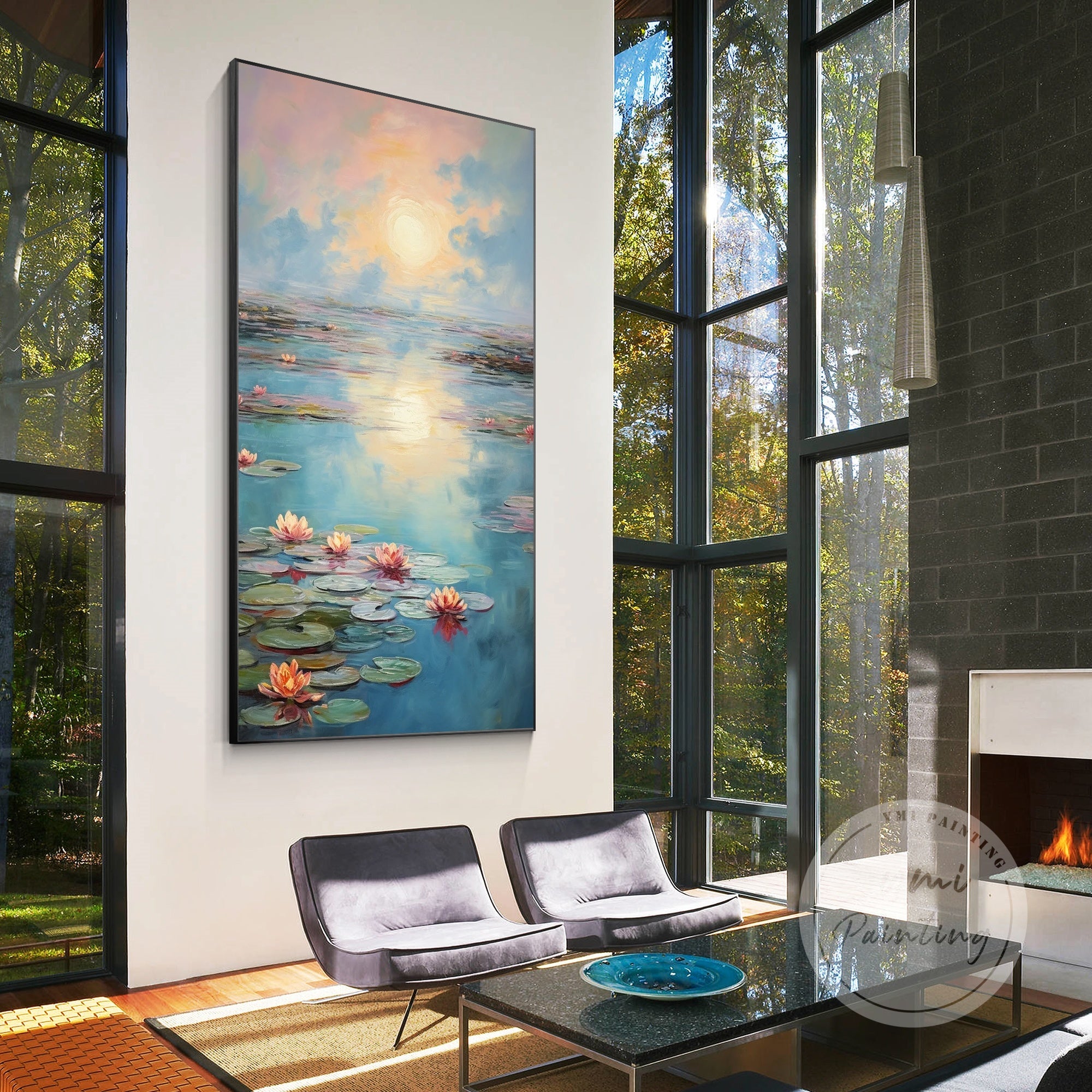Long format water lily painting for living room decor.