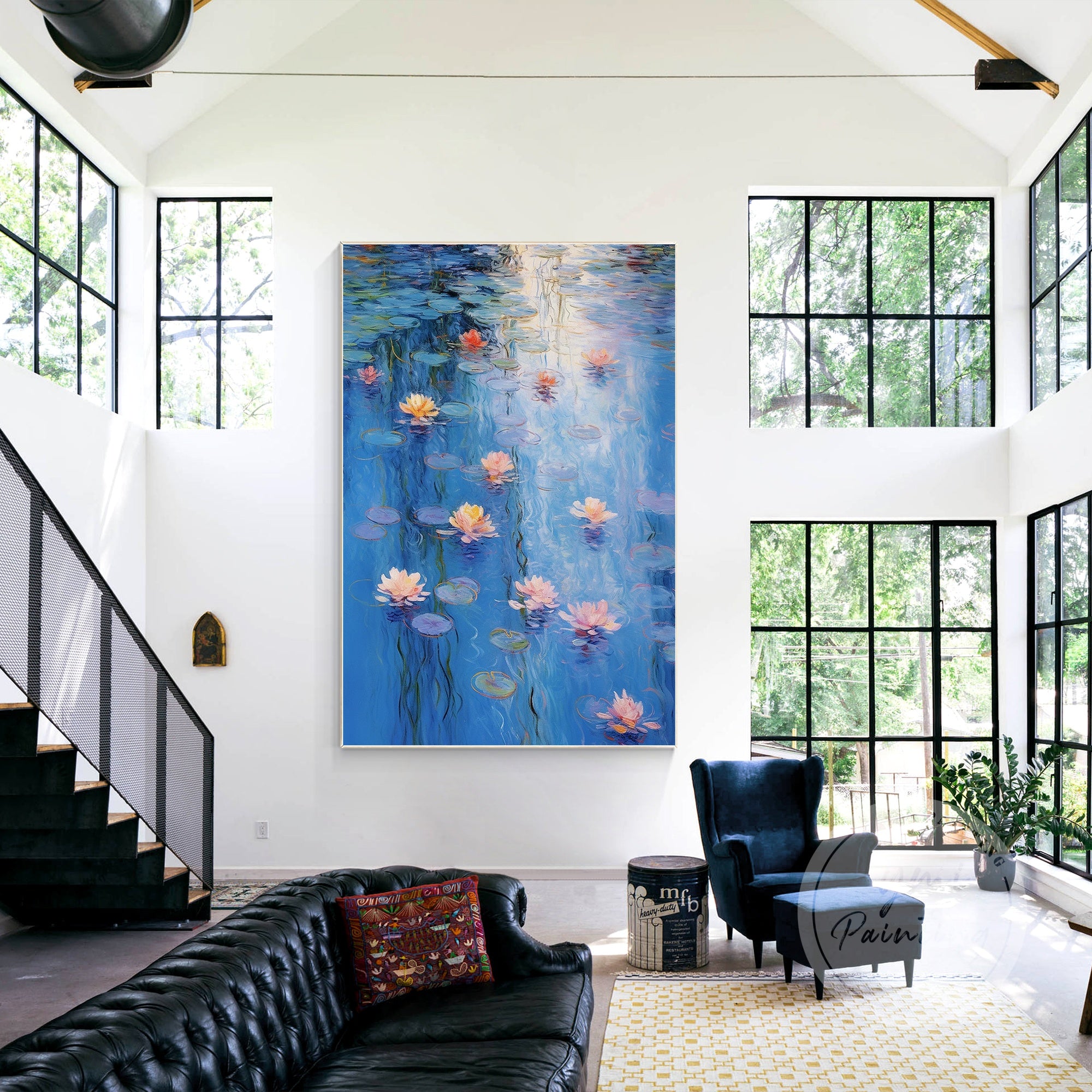 Large Monet-style oil painting with water lilies.
