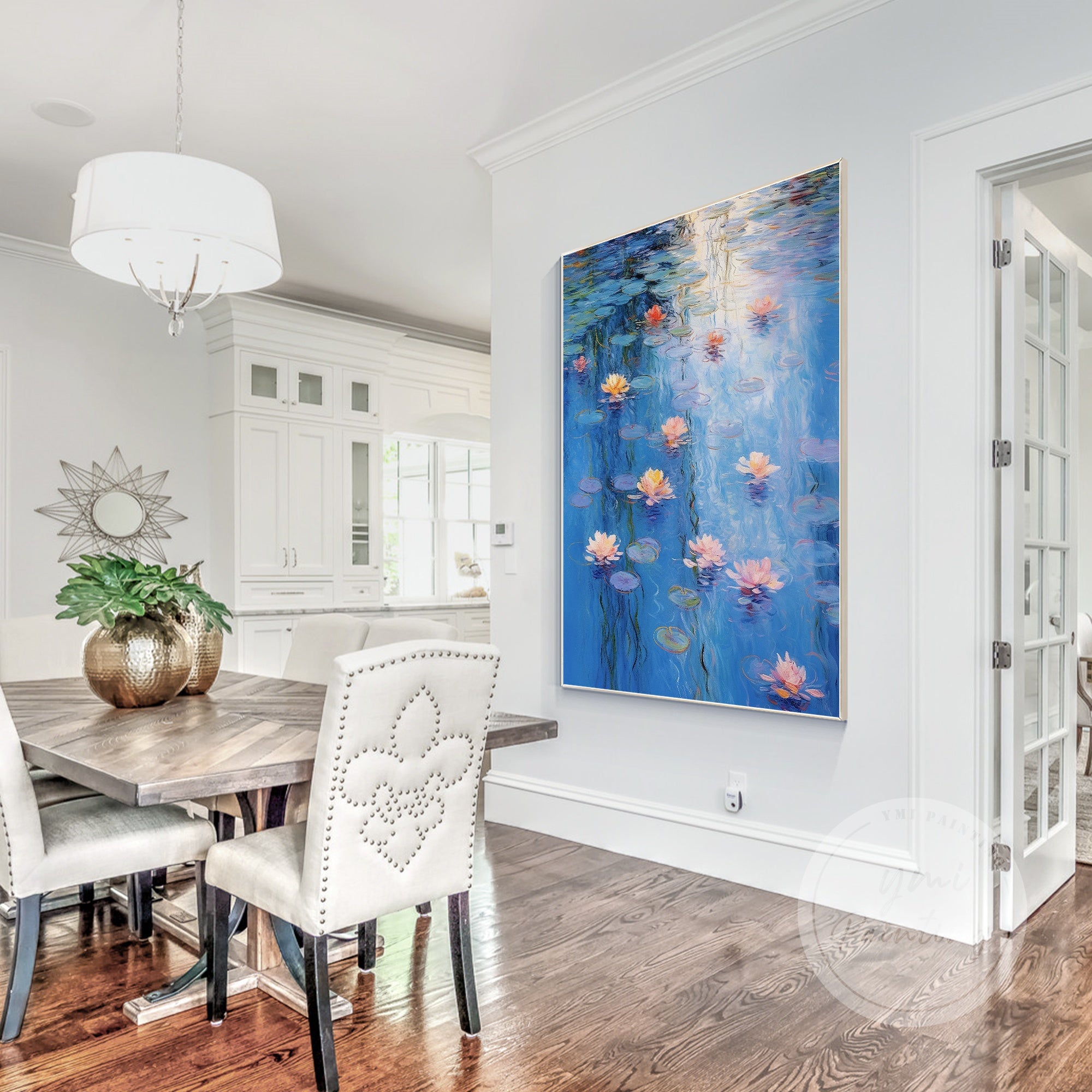 Impressionist pond scene with floating lotus flowers.