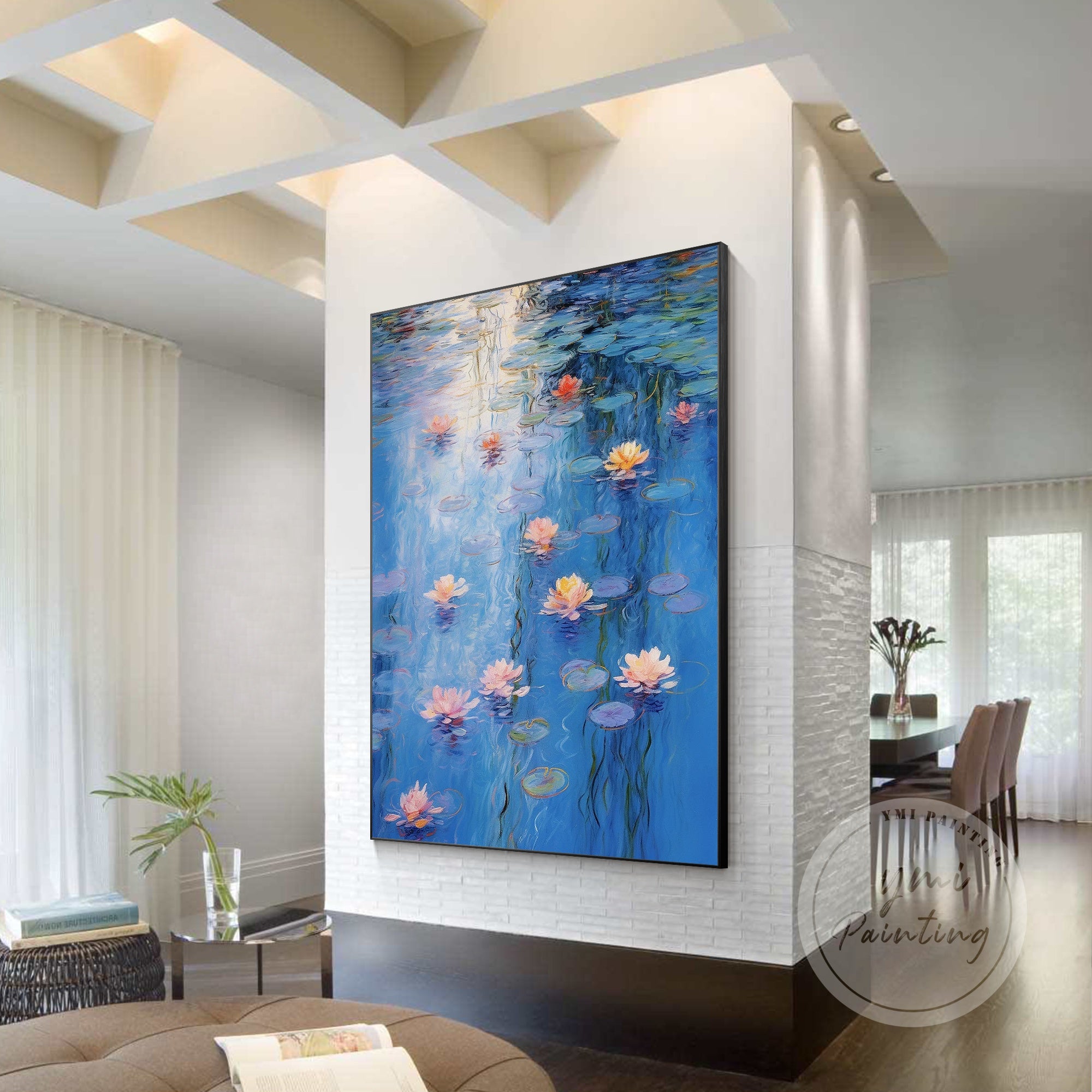 Oversized blue wall art inspired by Claude Monet.