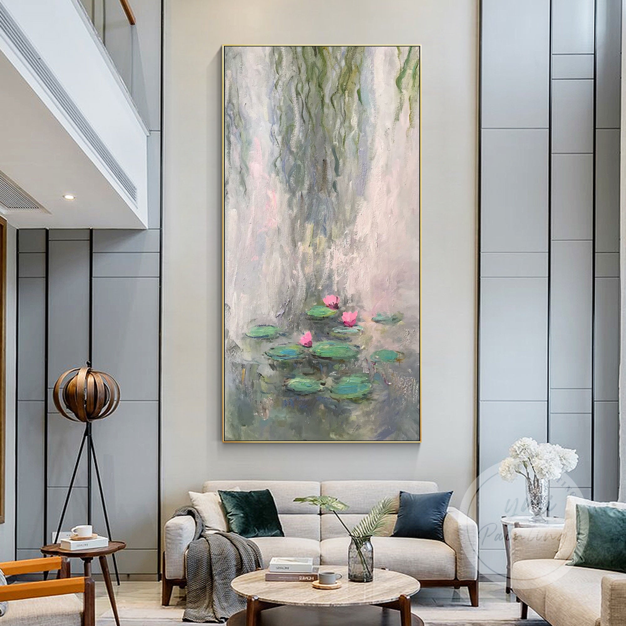 Extra Large Monet-Inspired Water Lilies Canvas in green, gray, and pink tones, perfect for creating a serene, artistic ambiance.