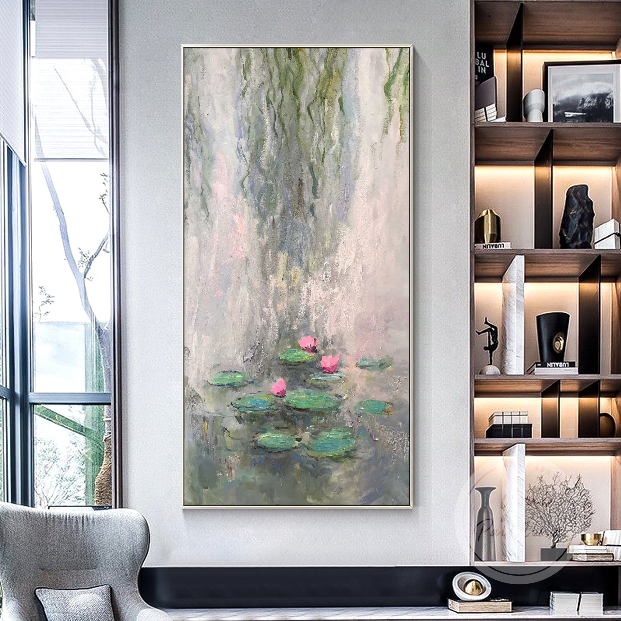 Oversized Wall Art with water lilies and lotus pond details, ideal for aesthetic room decor and tranquil interiors.