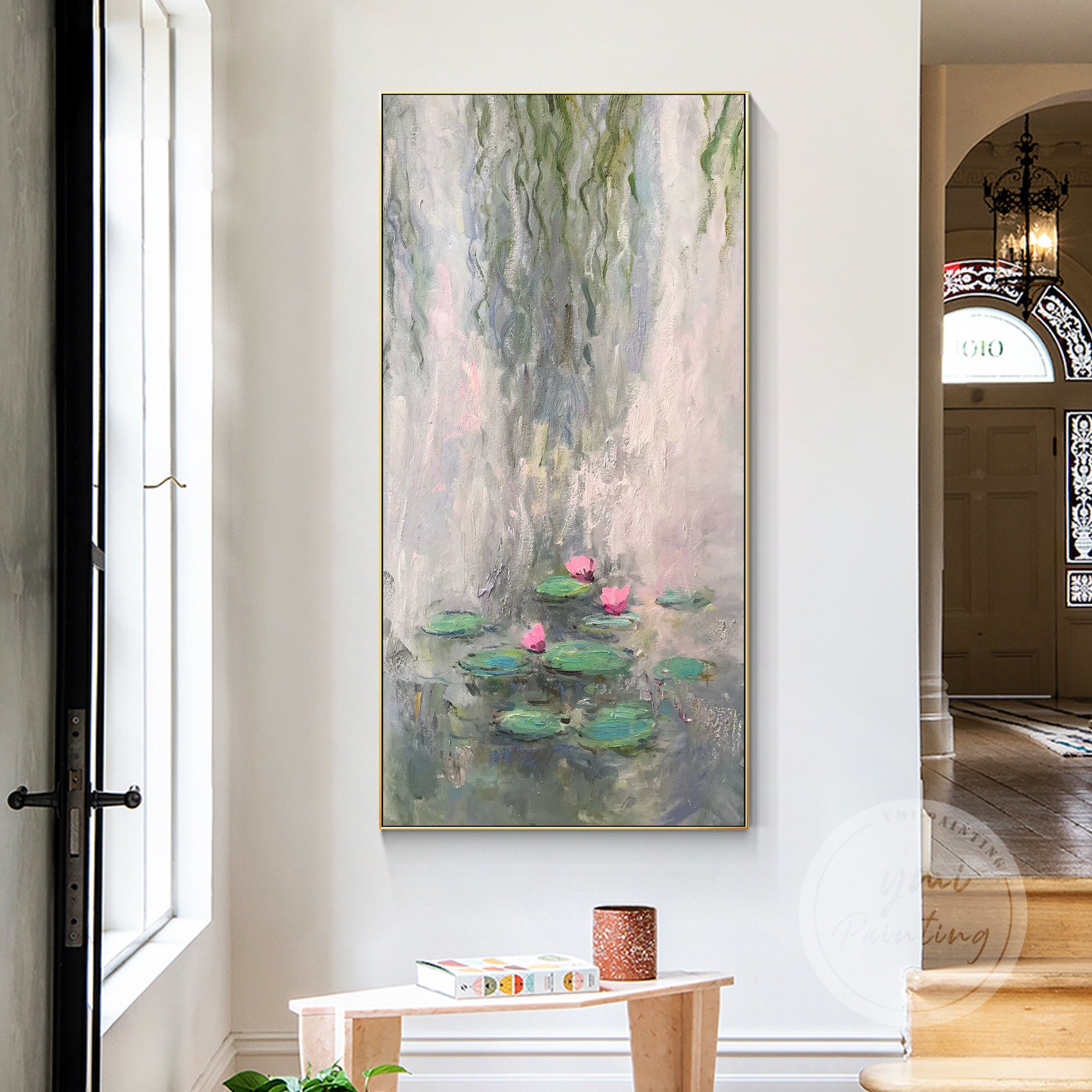 Green and Pink Monet Water Lily Oil Painting on canvas, great for adding elegance and calm to modern living spaces.
