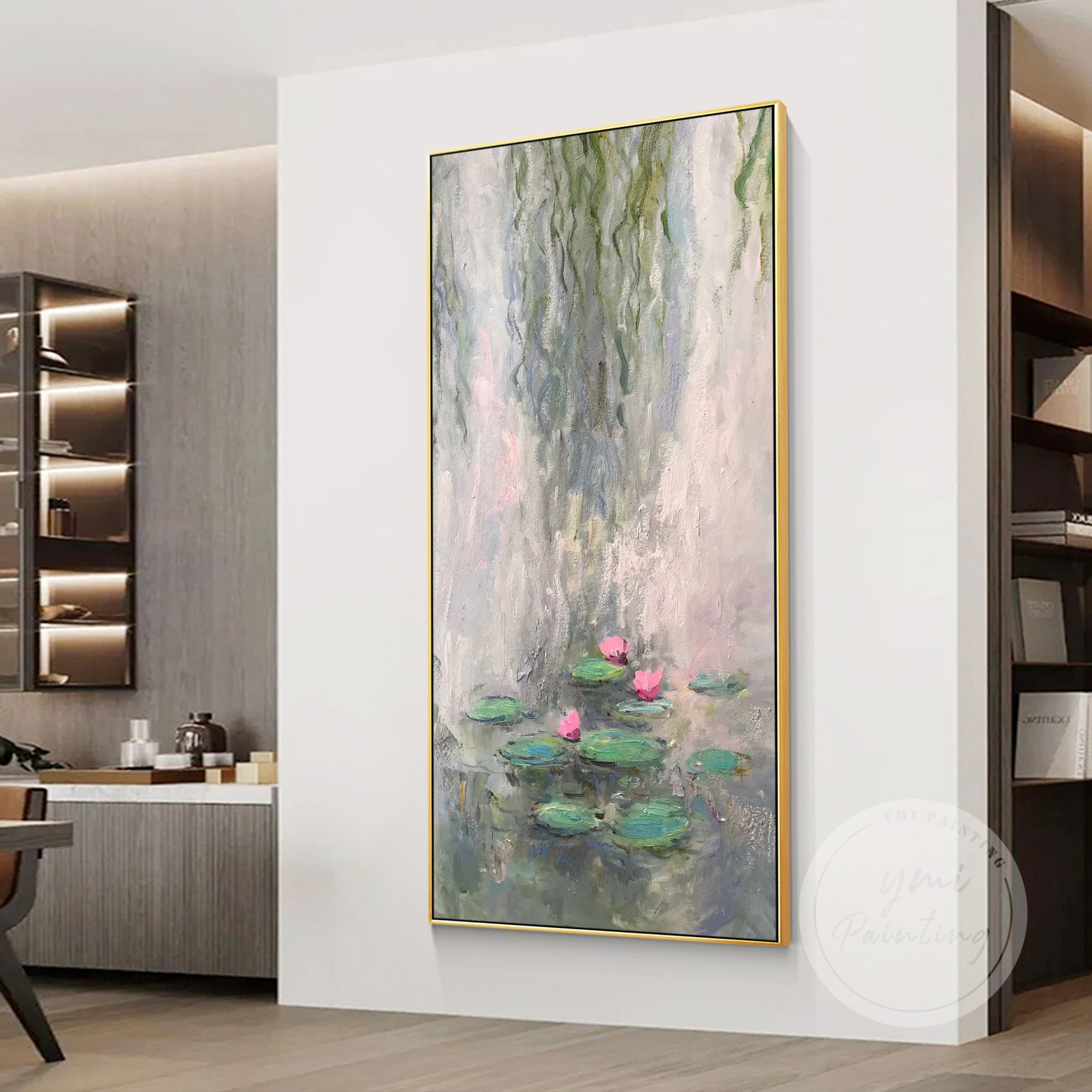 Monet Style Abstract Floral Pond Artwork with soft brush textures, offering harmony and sophistication.