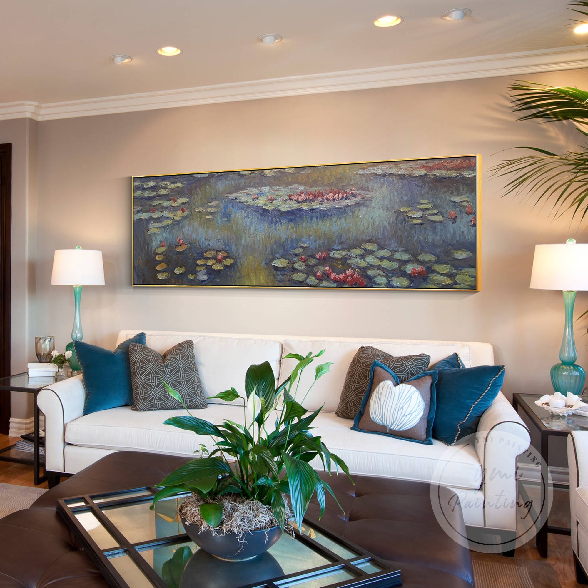 Claude Monet-inspired oil painting with flower and water lily themes, ideal for long walls.