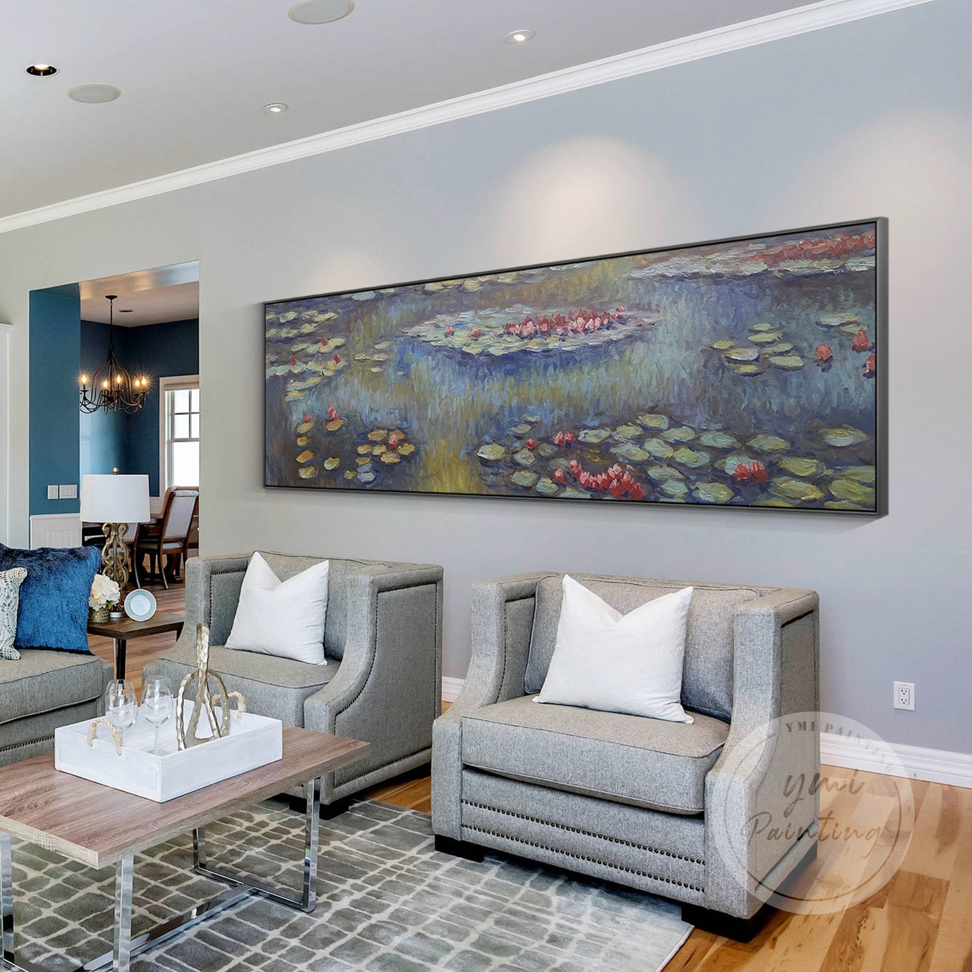 Large framed flower art featuring a serene lotus pond in pastel colors.