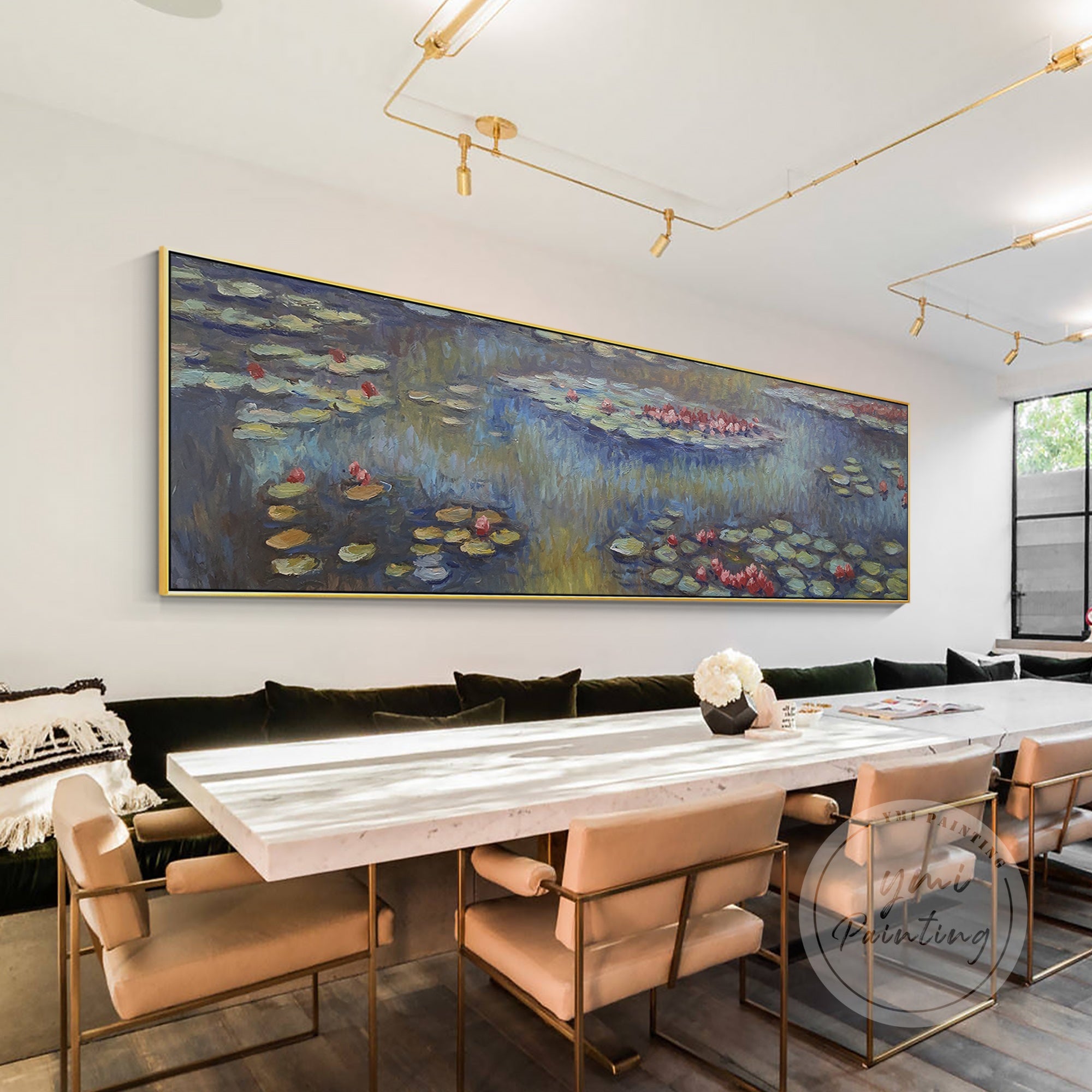 Horizontal oil painting with floral and water elements, Monet-inspired masterpiece.