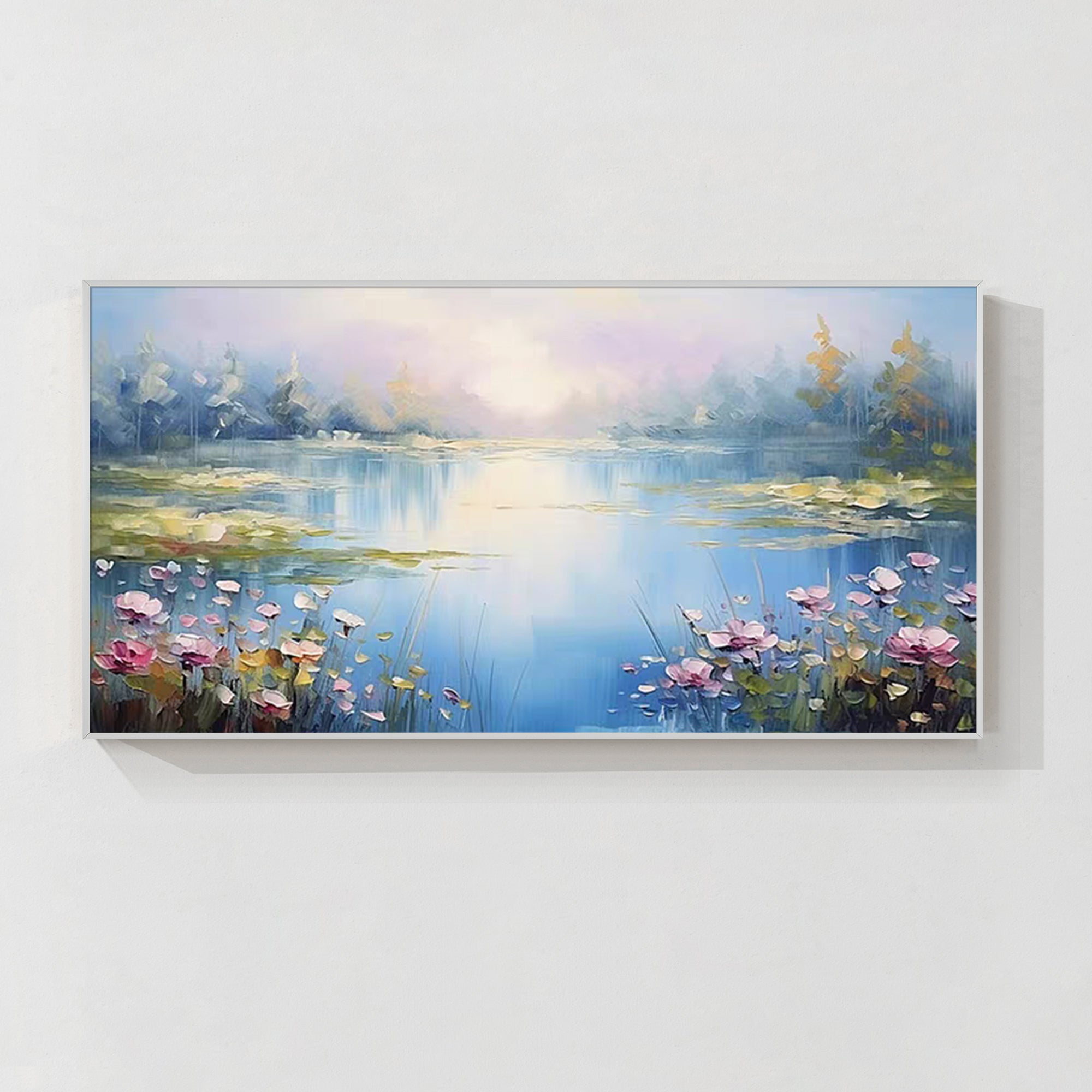 Impressionist lotus lake oil painting with pink lotus flowers