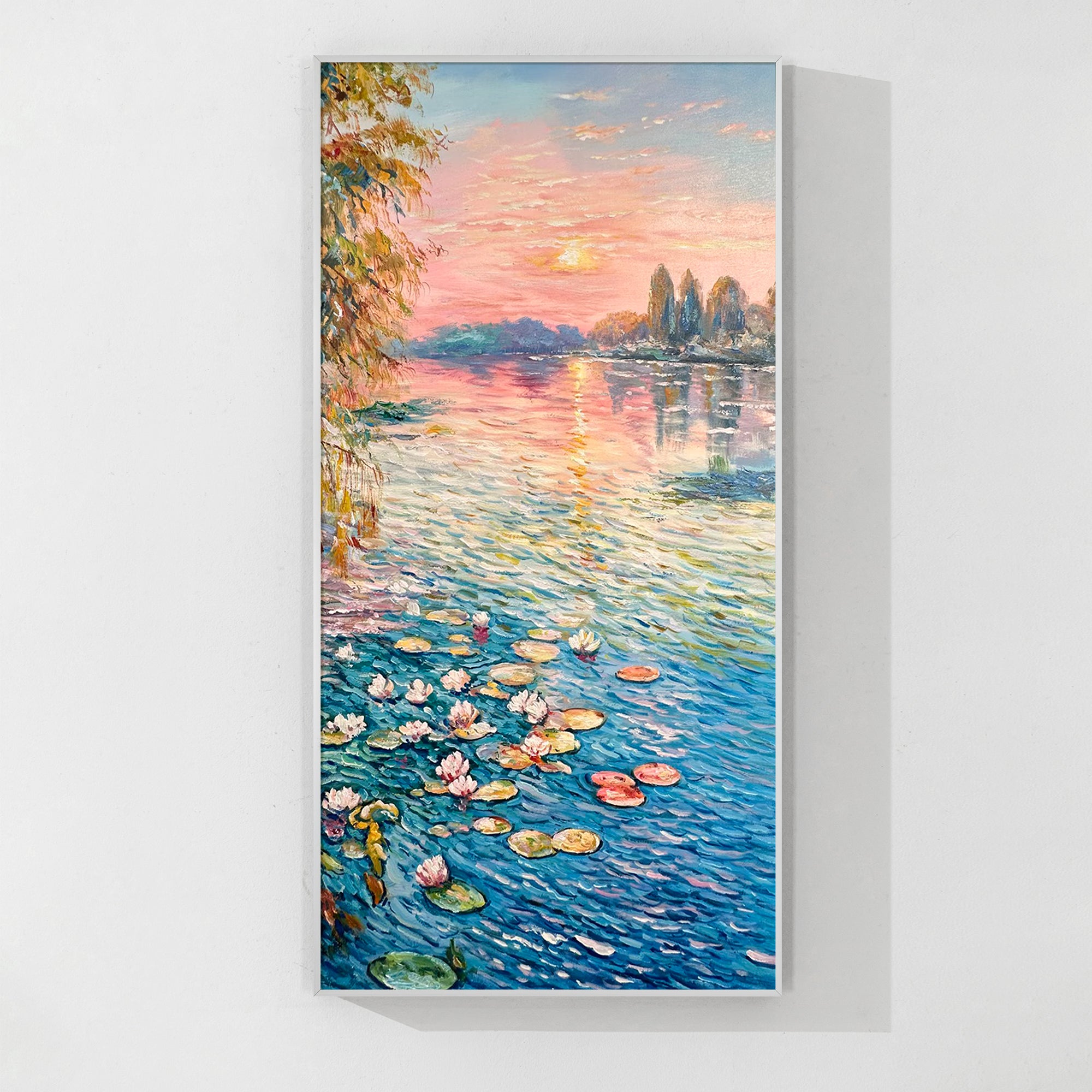Impressionist sunrise sky with pink and orange hues, featuring lotus flowers on tranquil water.