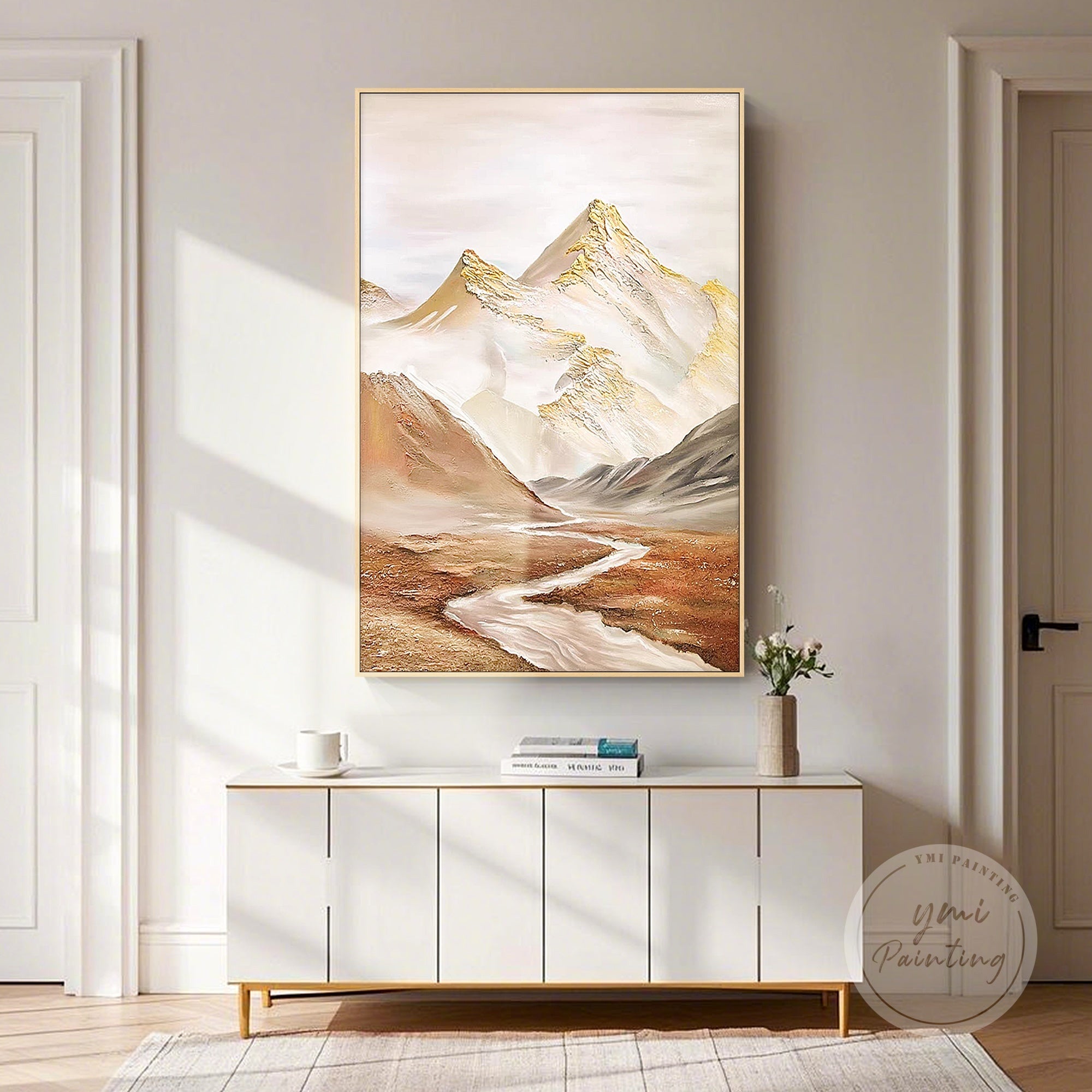 Luxury mountain art featuring extra large gold snowy peaks and a warm ochre valley, perfect for large living room wall decor.