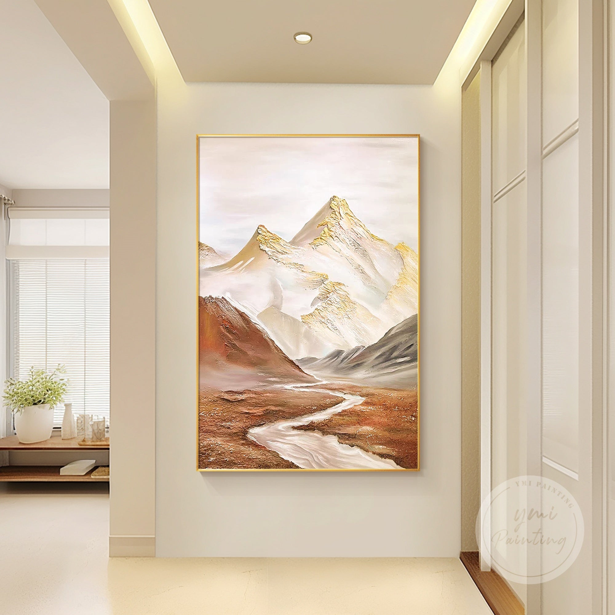 Textured abstract river landscape with gold snowy mountains and ochre hues, creating a warm, luxurious atmosphere in your home.