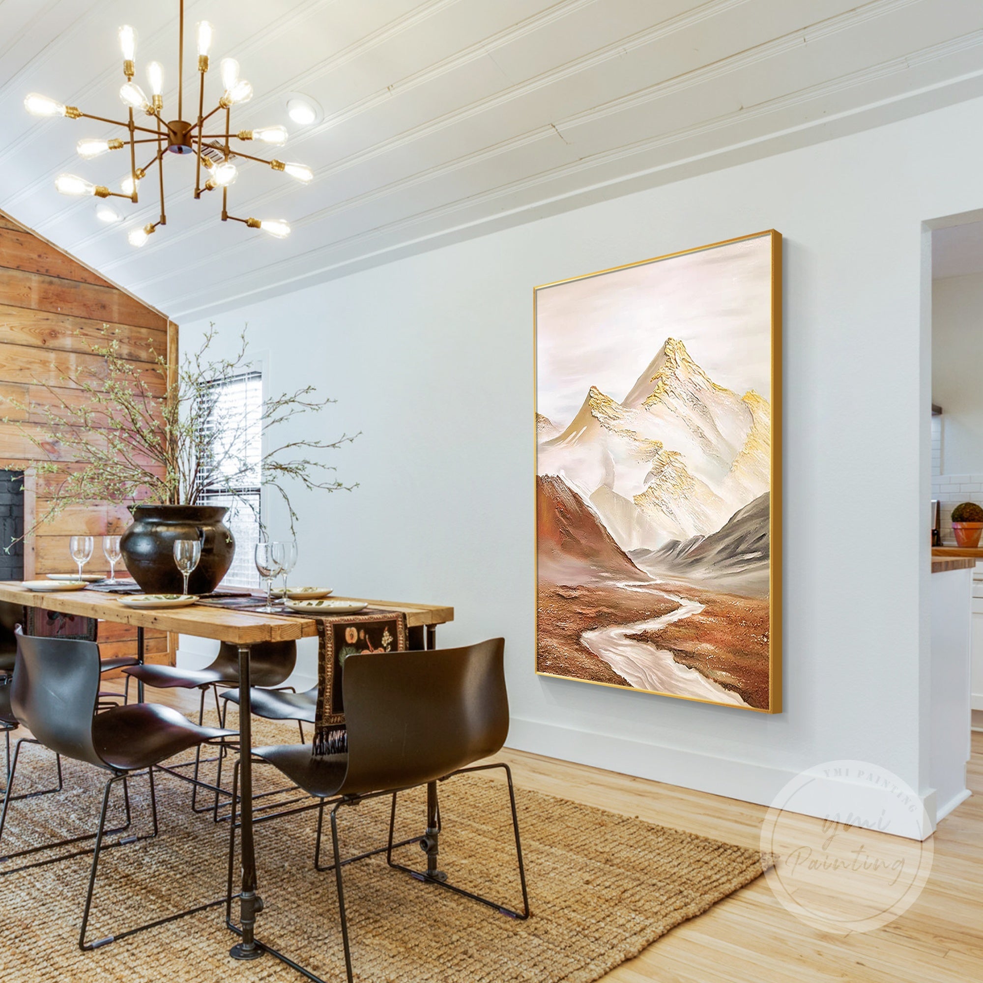 Large textured mountain art featuring golden snow-capped peaks and an abstract river landscape, perfect for luxury living room decor.
