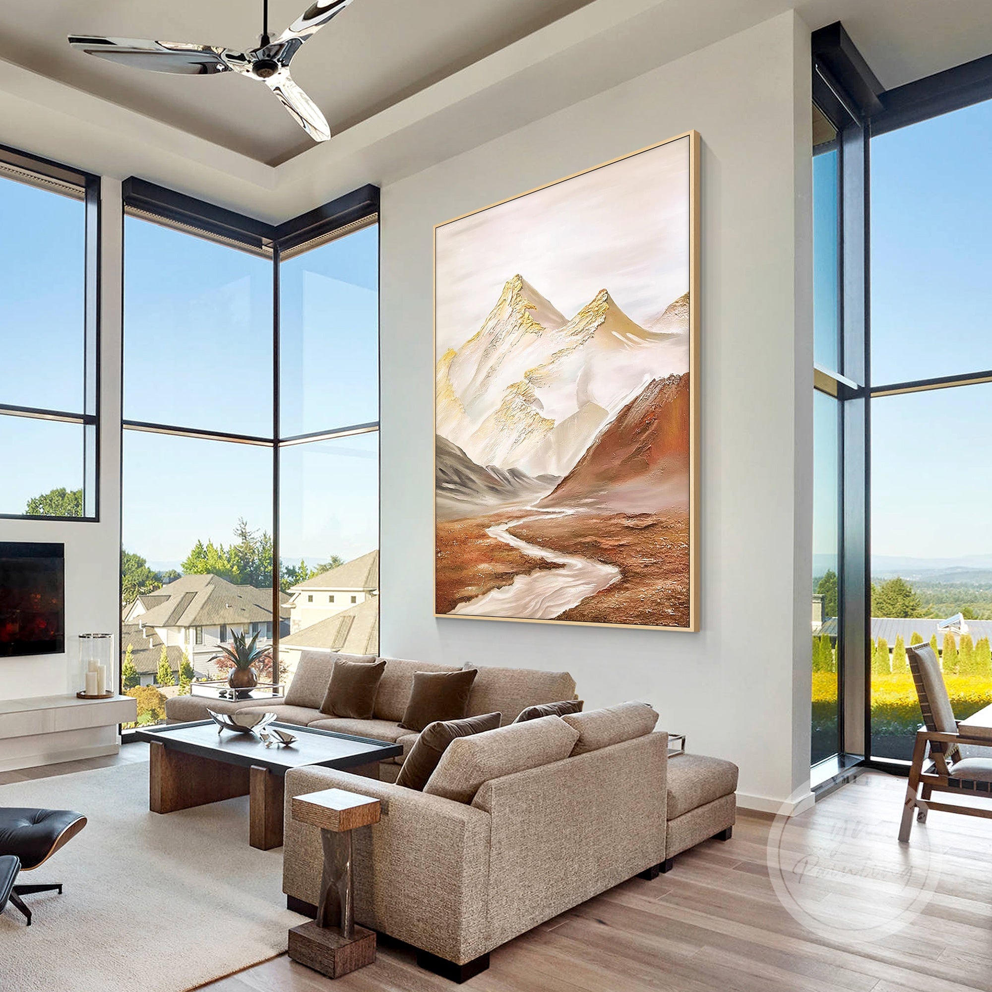Warm ochre valley and gold snowy peaks in this luxurious mountain landscape painting, bringing sophisticated beauty to any home.