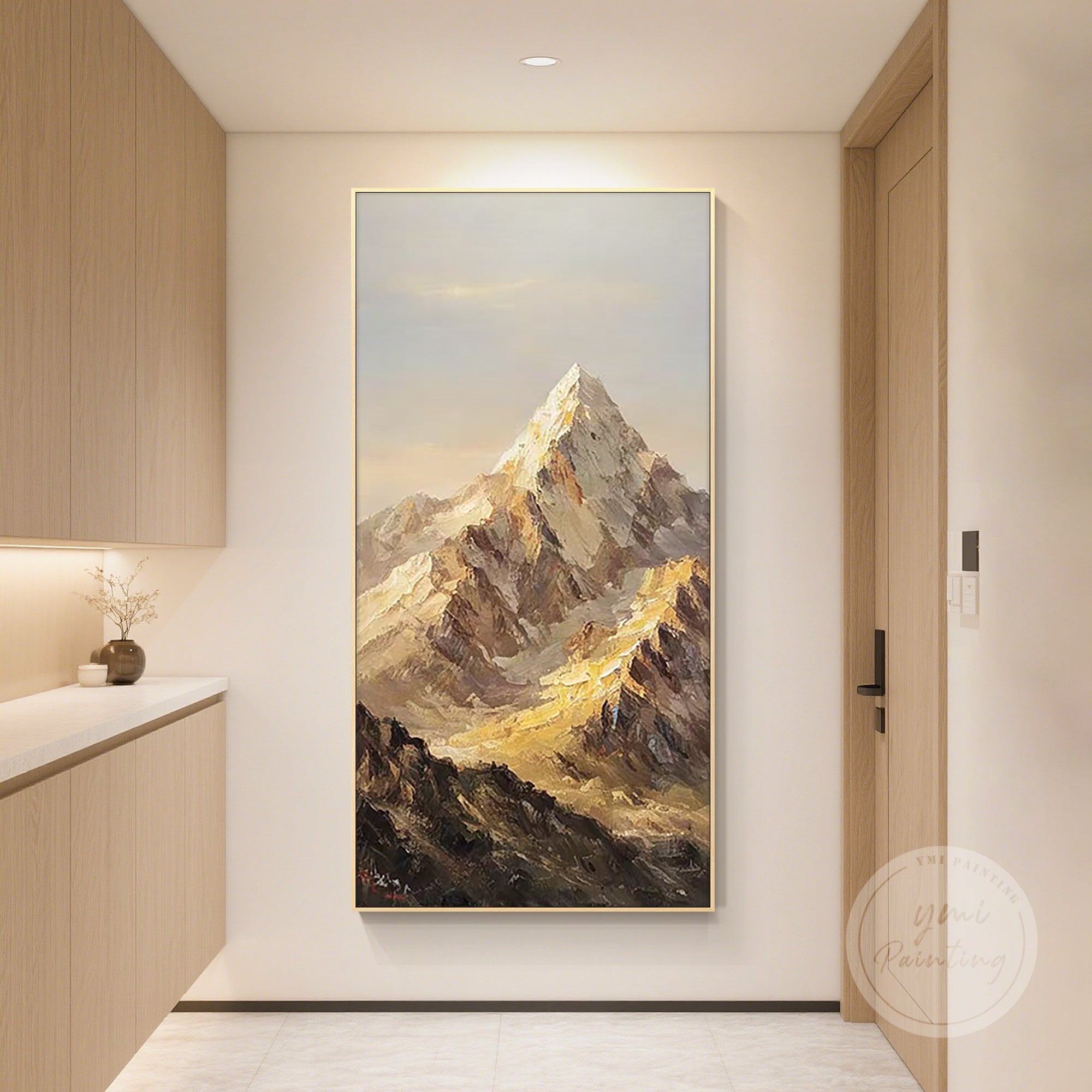 Serene landscape mountain painting in gold and brown tones, a thoughtful gift for home or office, perfect for creating a tranquil atmosphere in any space.