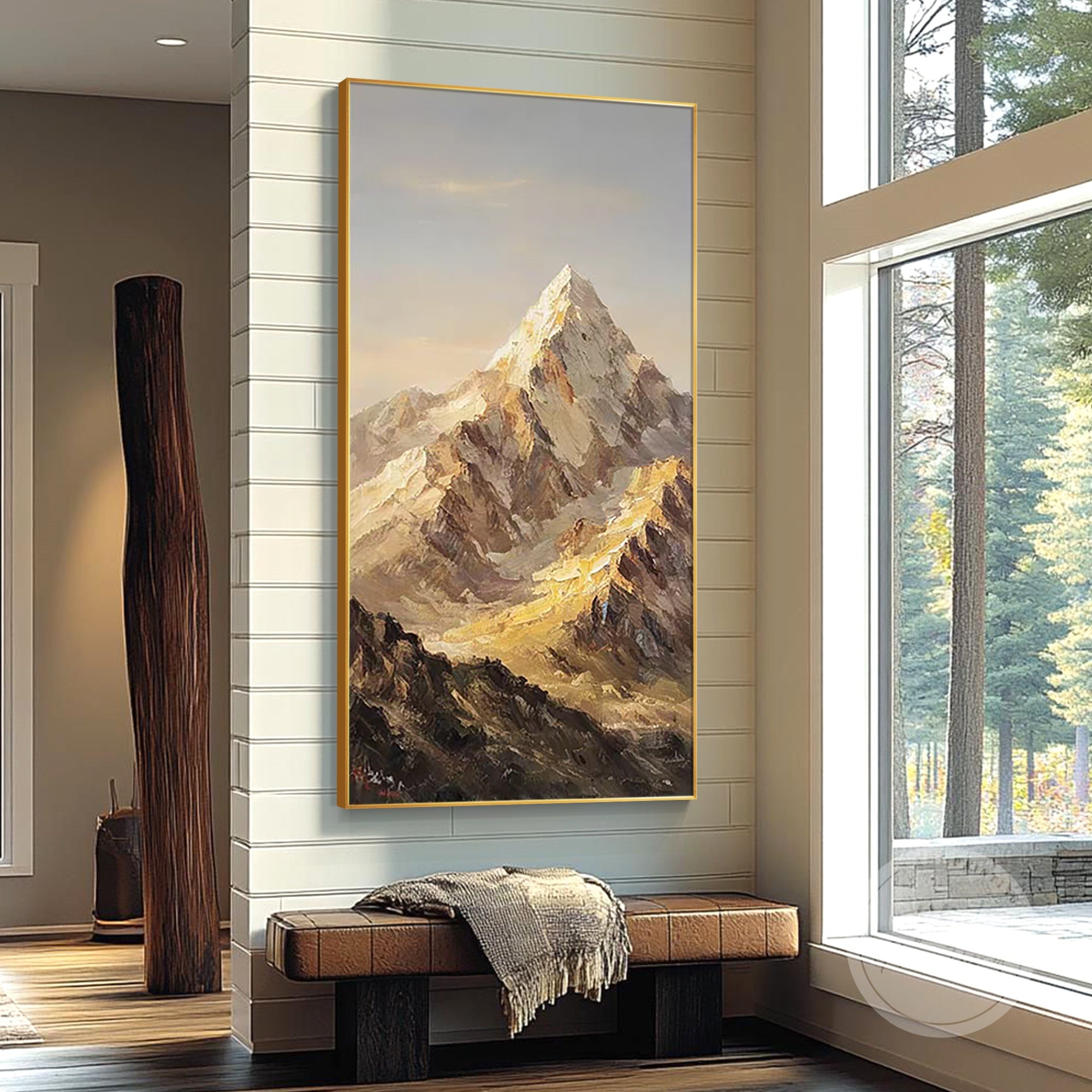 Inspiring nature decor with golden mountain peaks and a warm sunset palette, ideal for gifting to executives or friends, perfect for office or lounge areas.