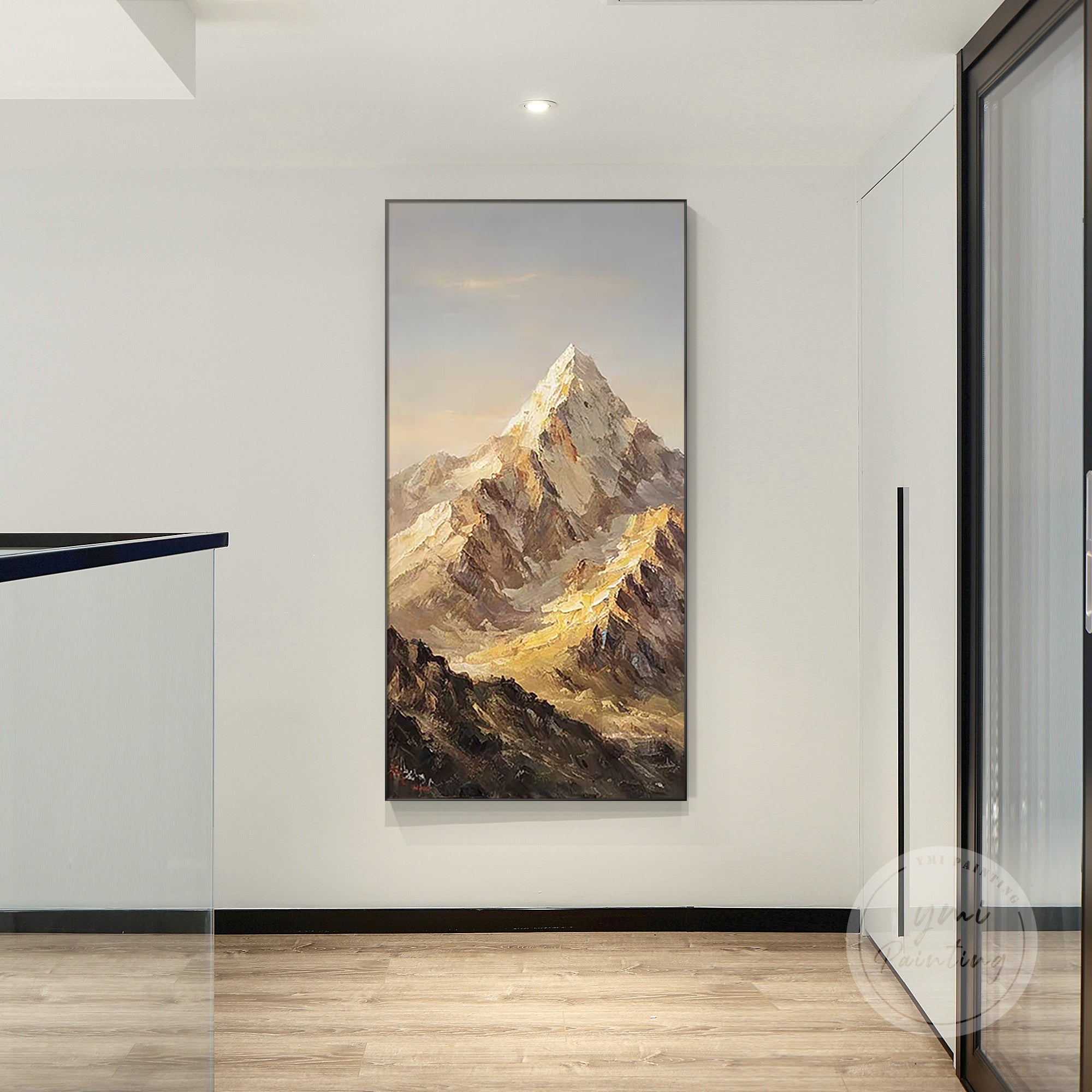 Elegant luxury mountain artwork in warm golds and browns, a meaningful gift for anniversaries, ideal for placing above a sofa or in a study.