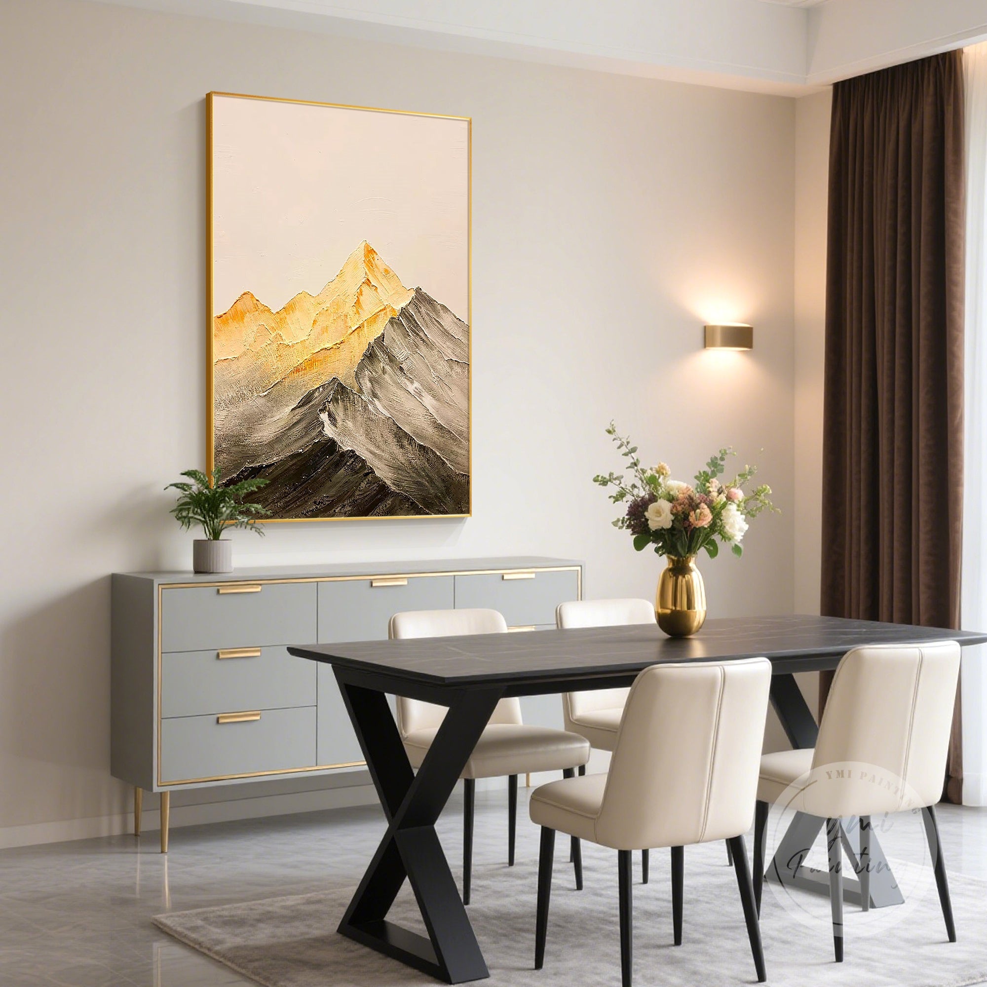 Stunning large gold mountain art with twilight hues, ideal for creating an elegant atmosphere in upscale spaces such as living rooms, hallways, or lobbies.