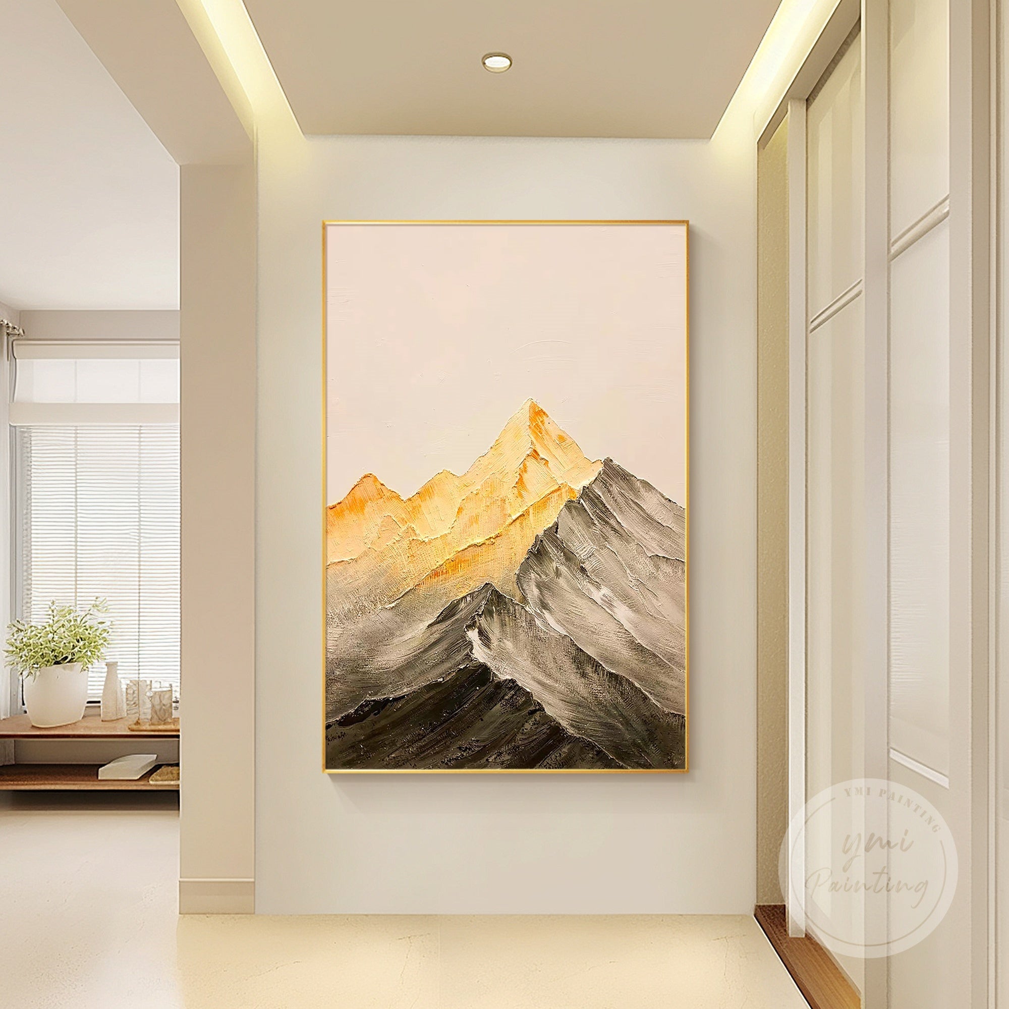 Nature-inspired original gold mountain wall art, perfect for gifting to nature enthusiasts, ideal for office or home décor in both contemporary and classic styles.