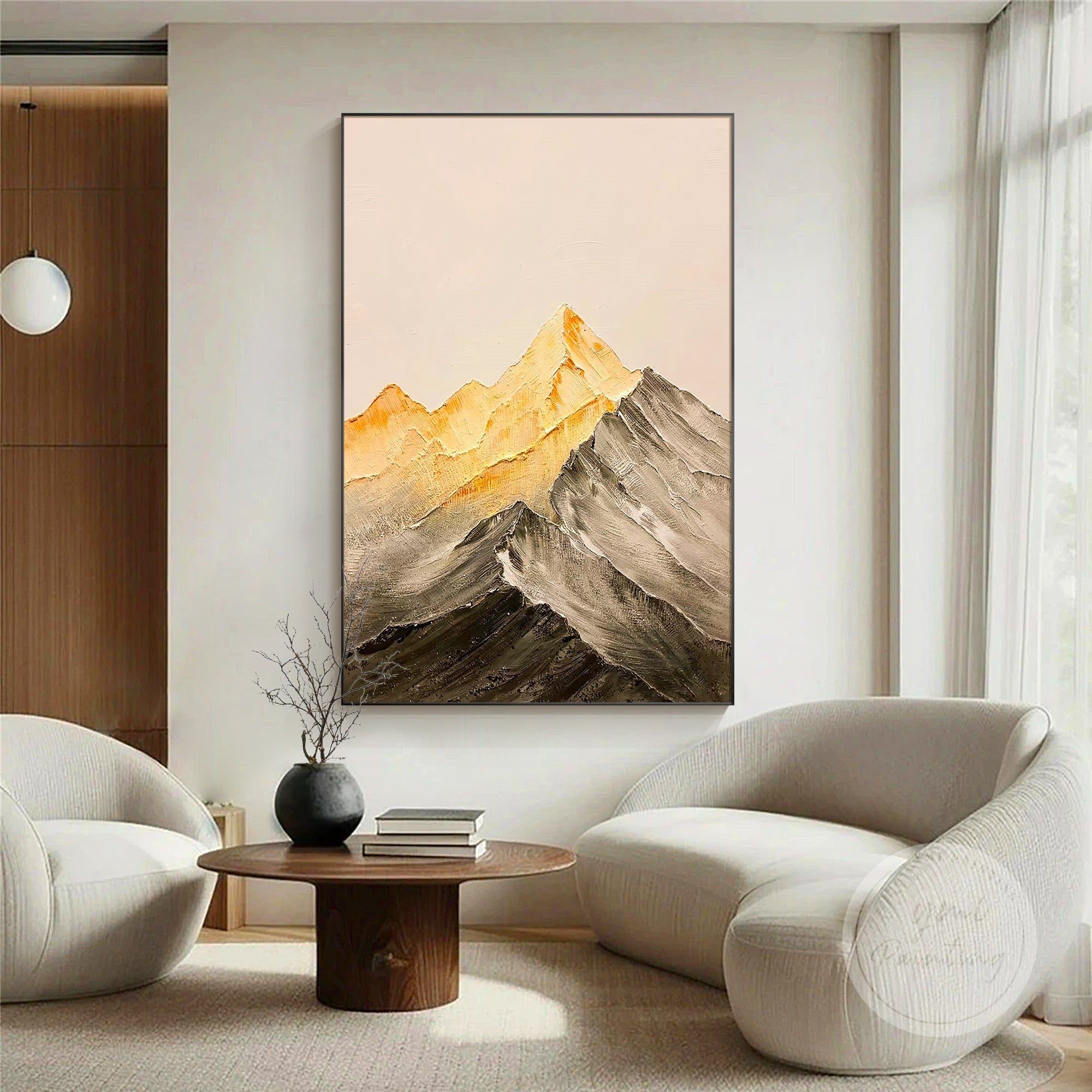 Elegant twilight mountain painting with a palette knife technique, a luxurious gift for anniversaries, ideal for placing above the sofa or in a study.