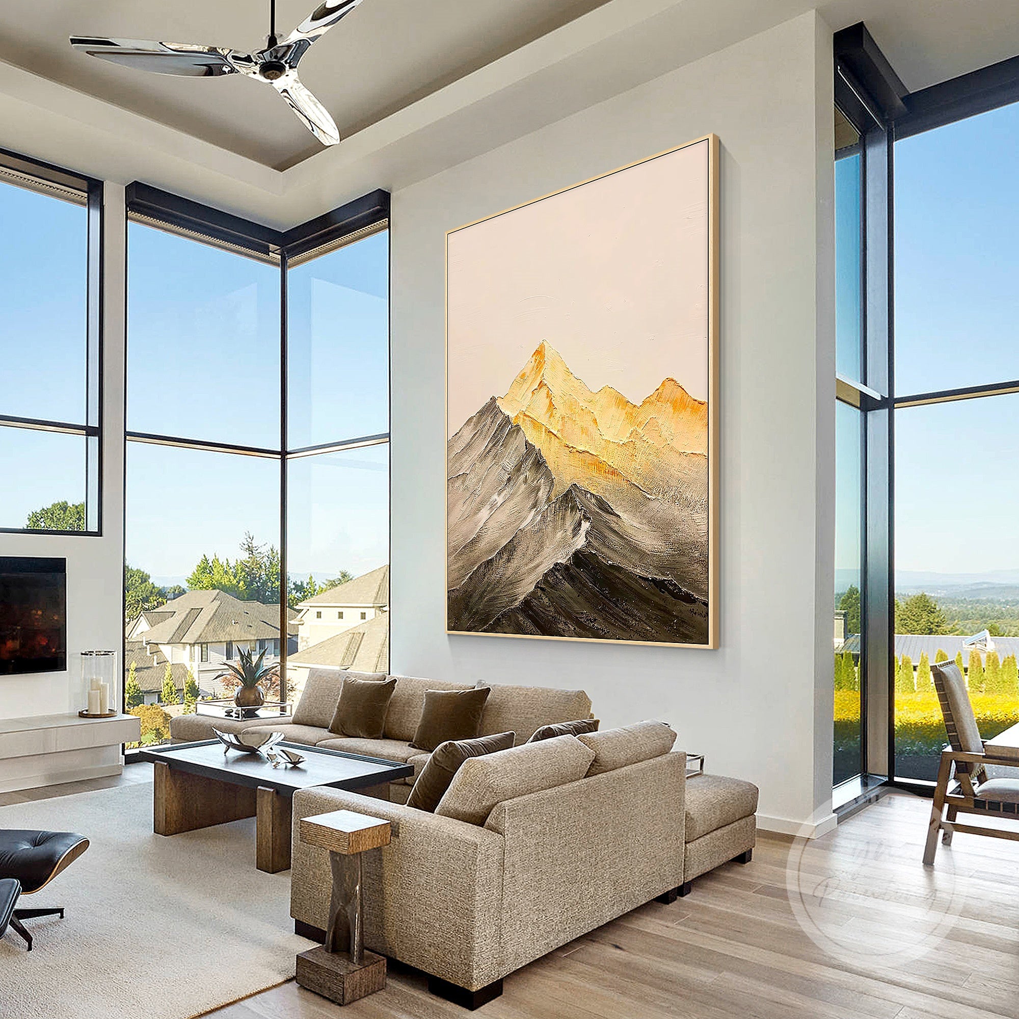 Original gold landscape art featuring mountain peaks in gold, a thoughtful gift for executives, perfect for upscale office spaces or modern home settings.
