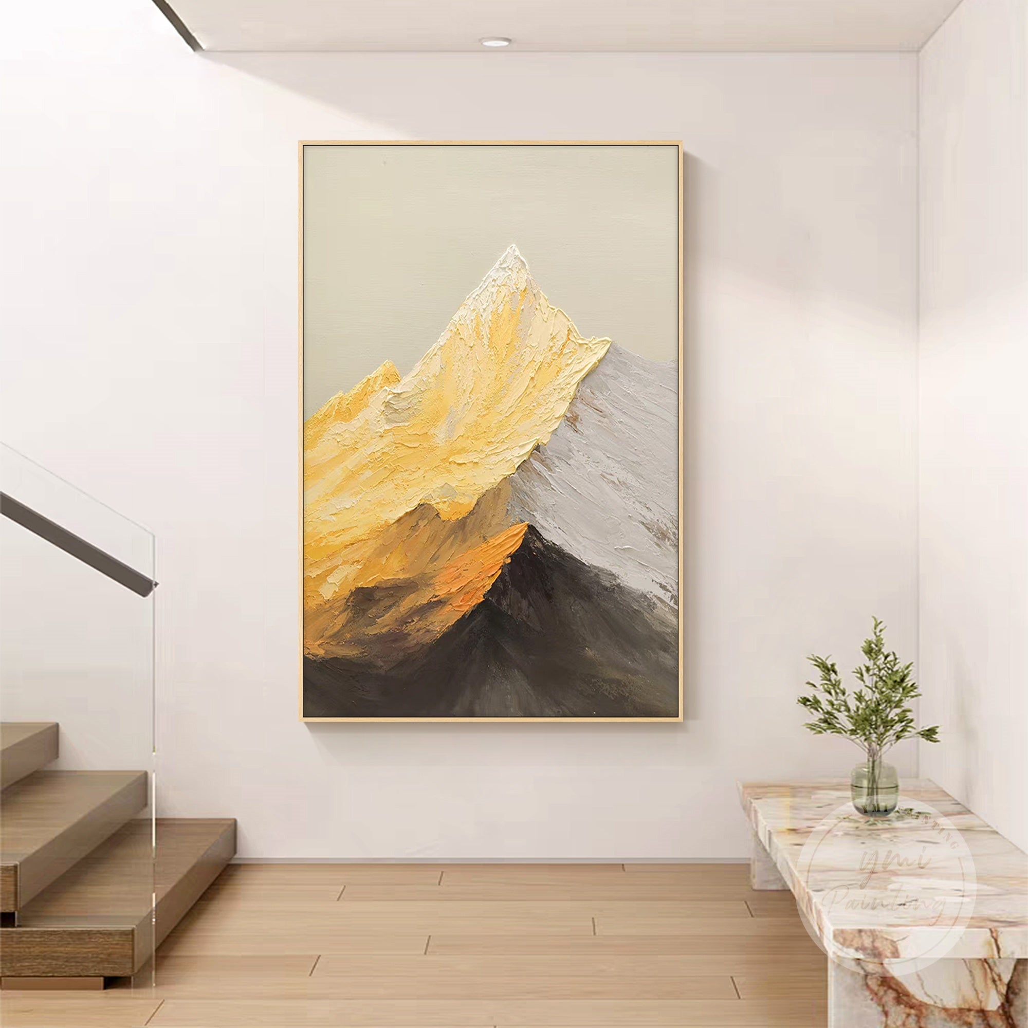 Elegant gold mountain landscape painting created with palette knife technique, ideal as a luxurious gift for art collectors and perfect for modern living room focal walls or executive offices.