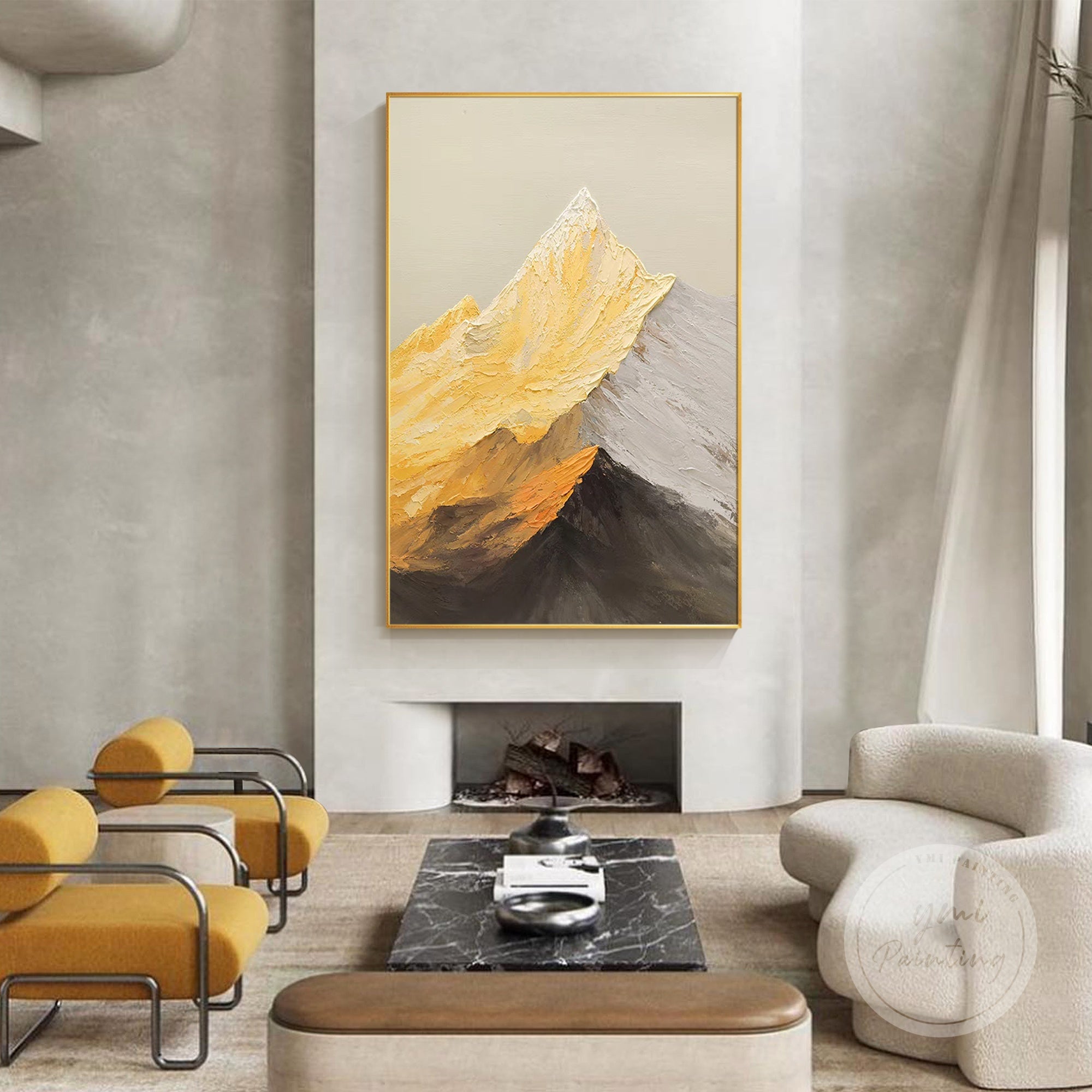 Striking large mountain wall art with shimmering gold and twilight hues, designed to enhance the sophistication of upscale interiors such as lounges, hallways, or corporate lobbies.