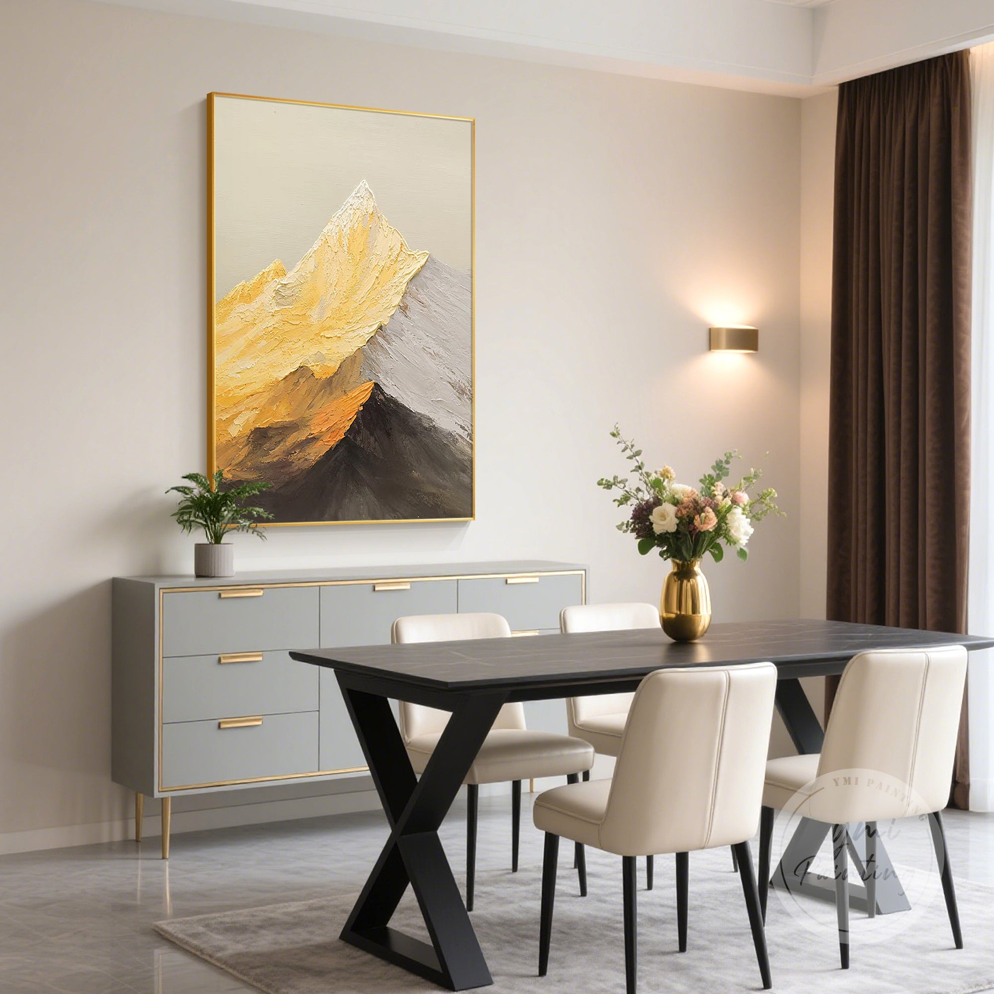 Nature-inspired mountain painting with textured gold peaks, a thoughtful gift for nature lovers, suitable for adding calm elegance to contemporary or rustic-style interiors.