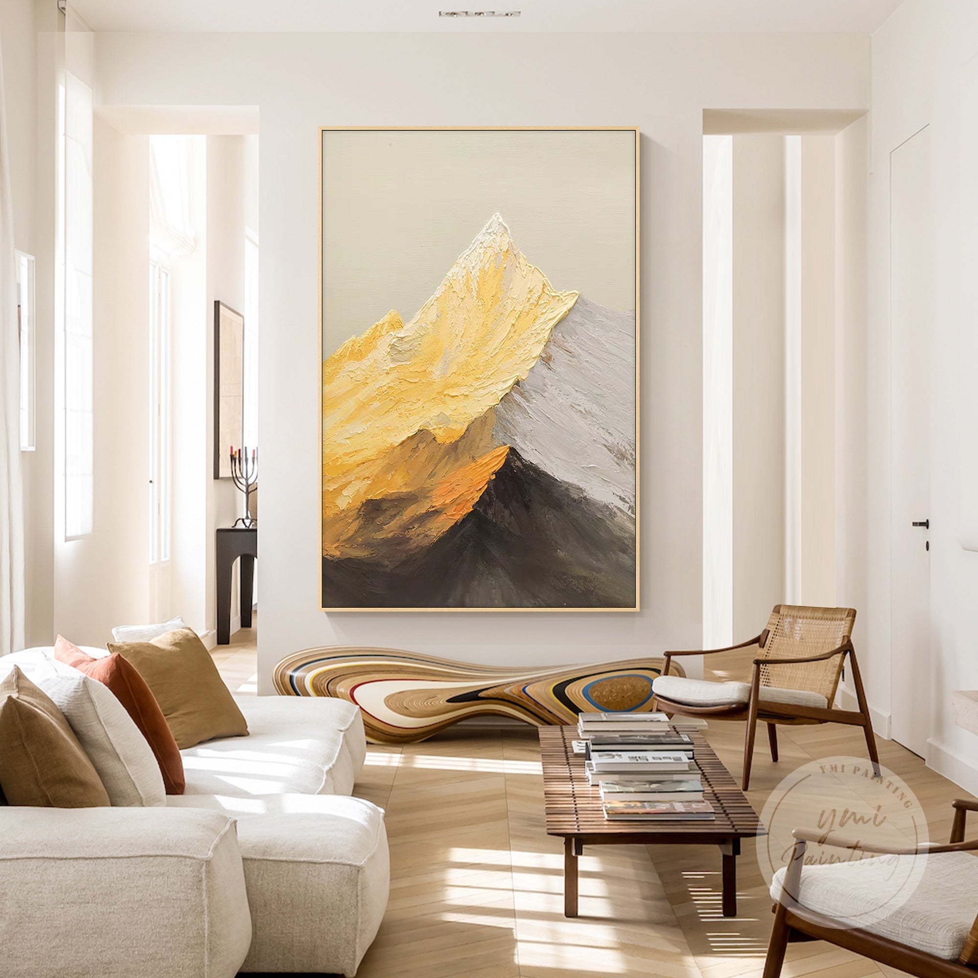 Original gold mountain art in rich twilight tones, hand-painted with palette knife strokes, a refined anniversary gift and a stunning addition above the sofa or in a personal library.