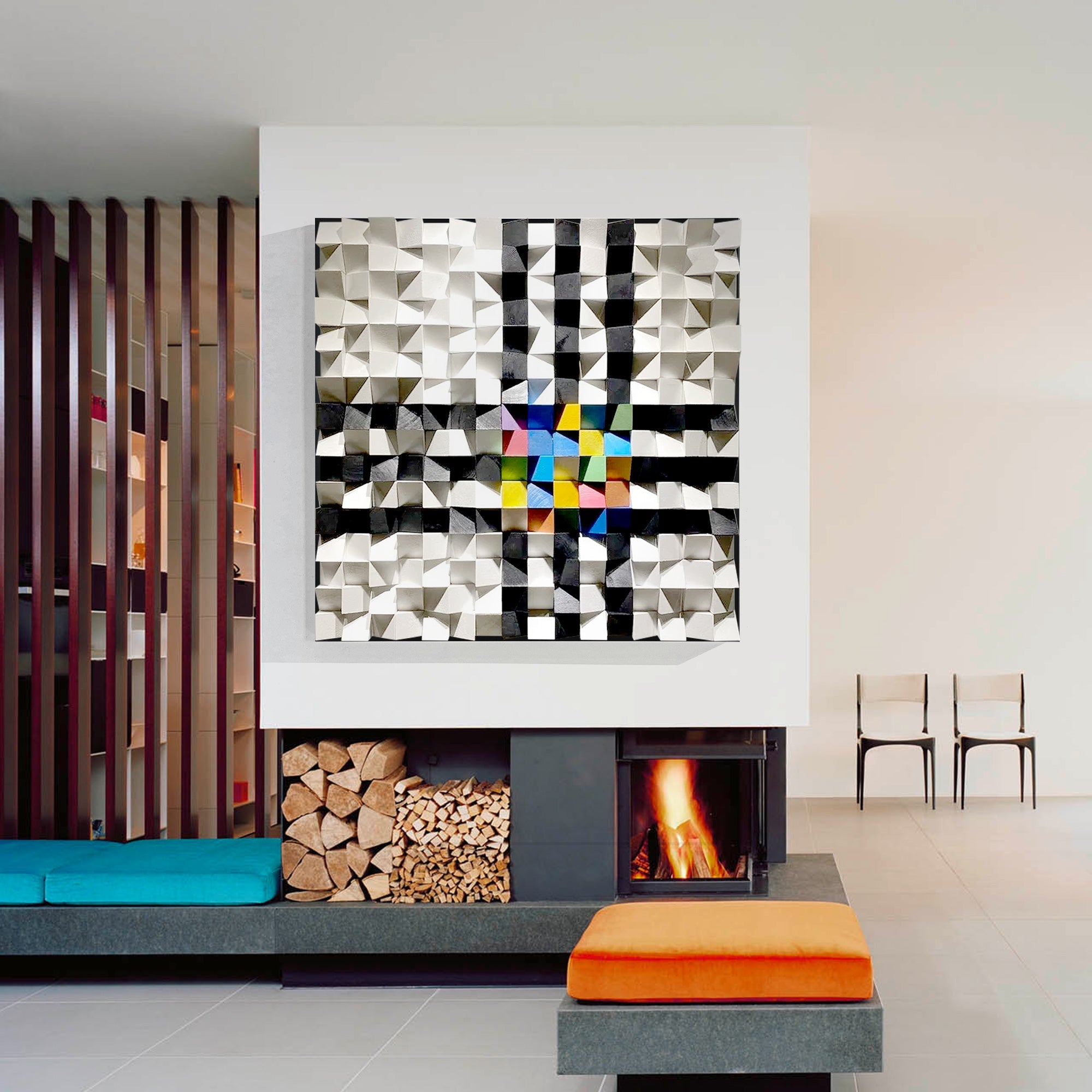 Multi-layered wood art featuring a striking black and white grid with pops of color in shades of green, yellow, and blue