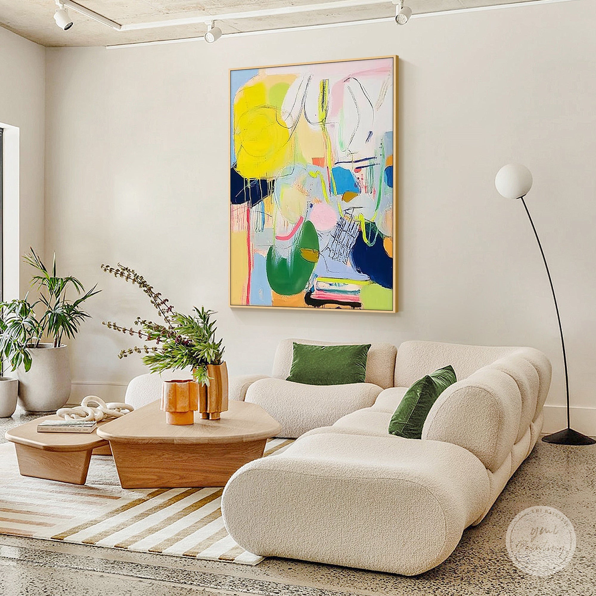 Multicolour abstract wall art styled on a living room feature wall