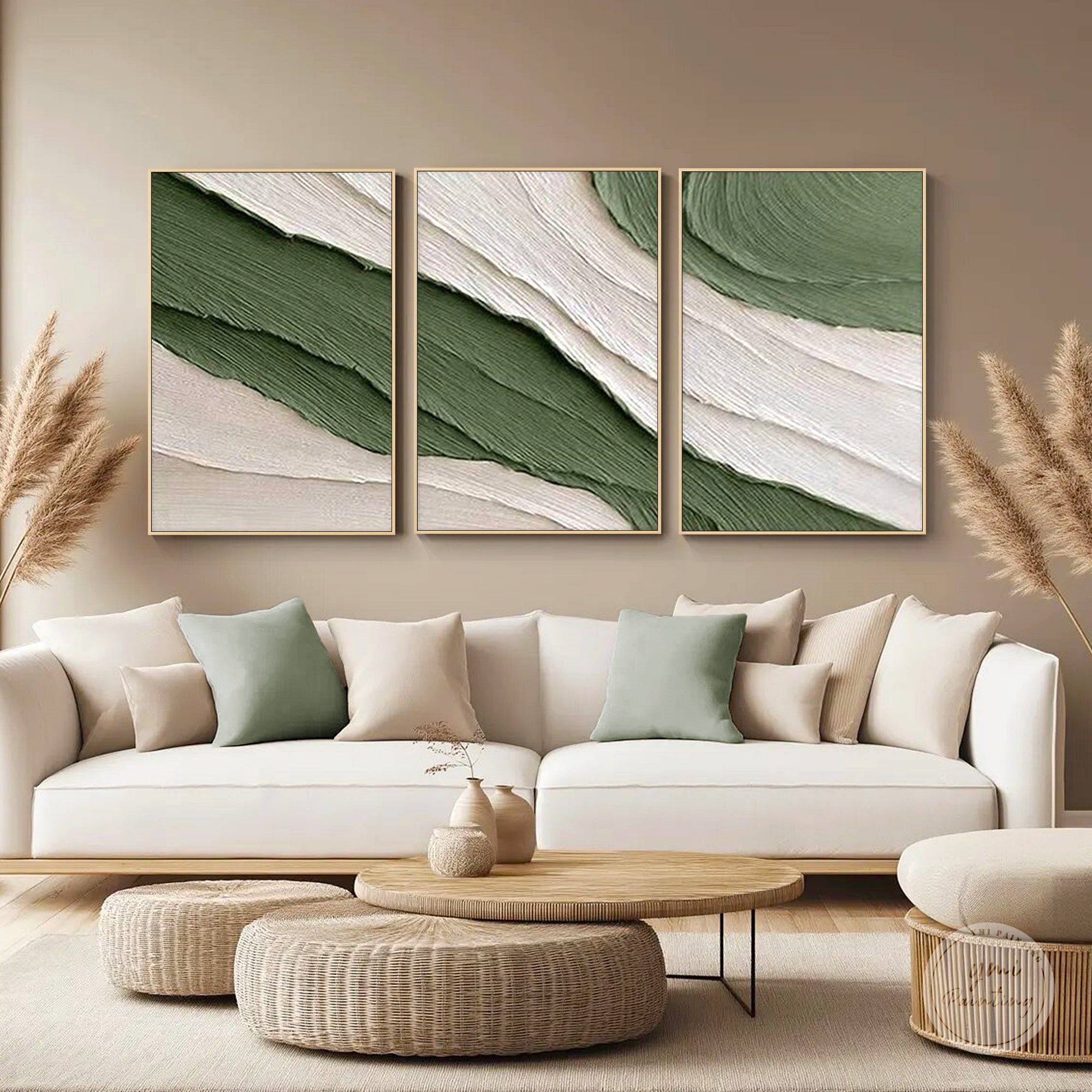 Muted green textured abstract landscape canvas set displayed in a living room